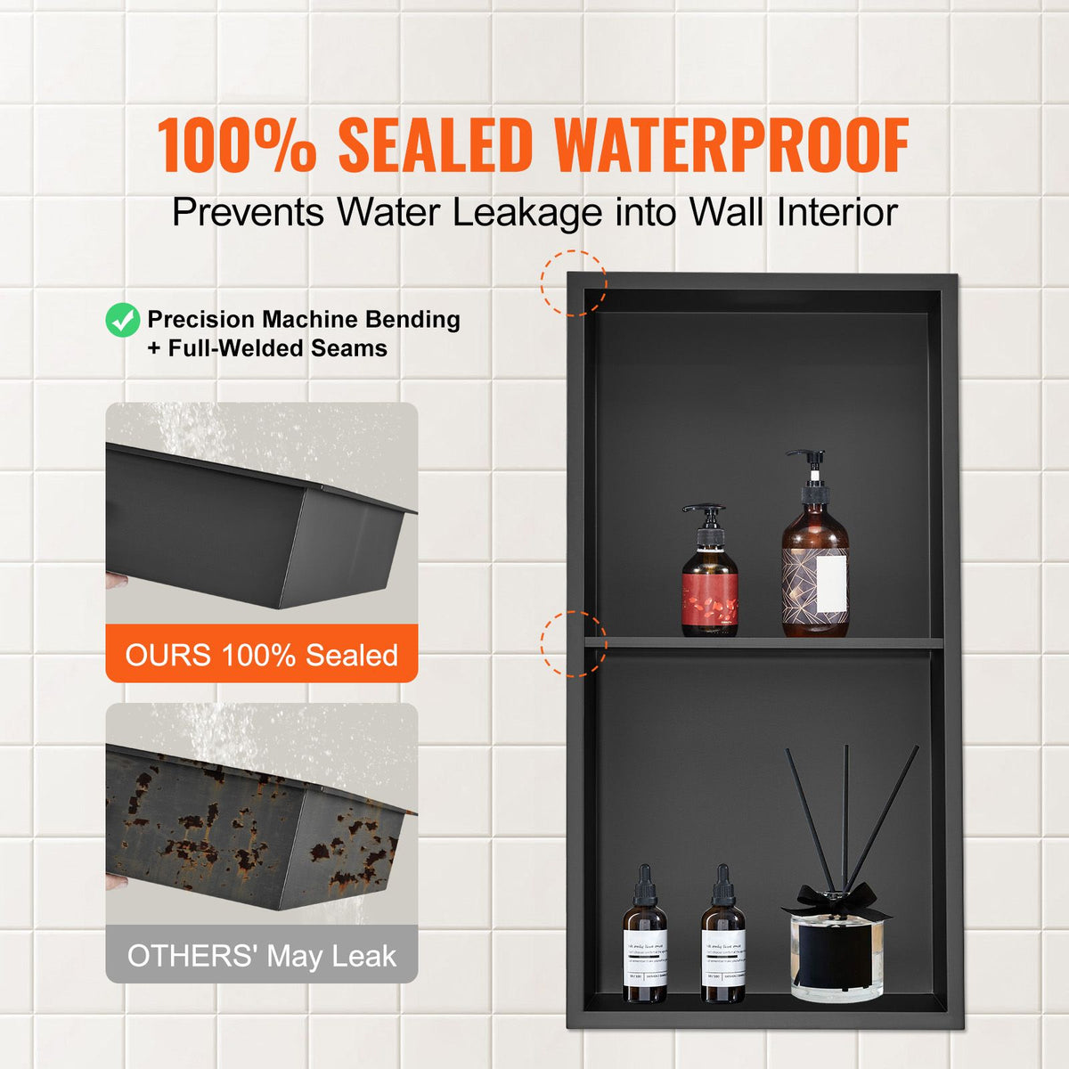 33.02 x 63.5 cm No Tile Shower Niche 304 Stainless Steel, Wall-Inserted Niche Recessed Double Shelves, Sealed Waterproof Rust-Resistant Modern Niche for Shower or Soap Storage Bathroom