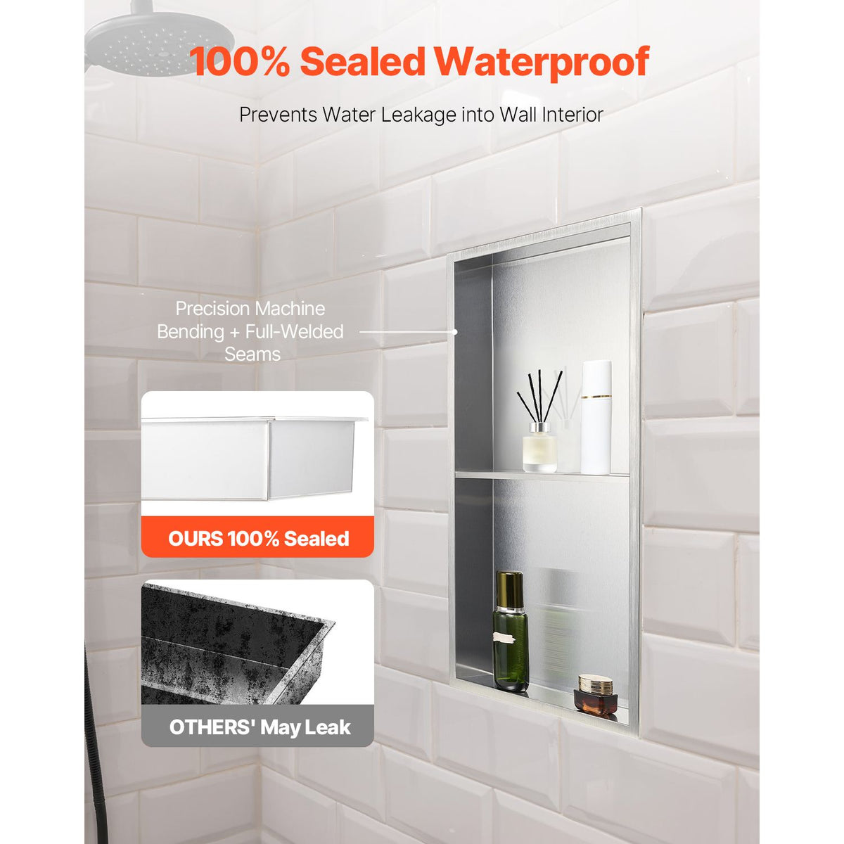 Shower Niche, 33.0 x 63.5 x 10.2 cm Recessed Wall Niche Double-layer, with Hollowed-out Divider, Heavy-duty Stainless Steel Modern Shampoo Storage Organizer, Waterproof, Silver for Bathroom