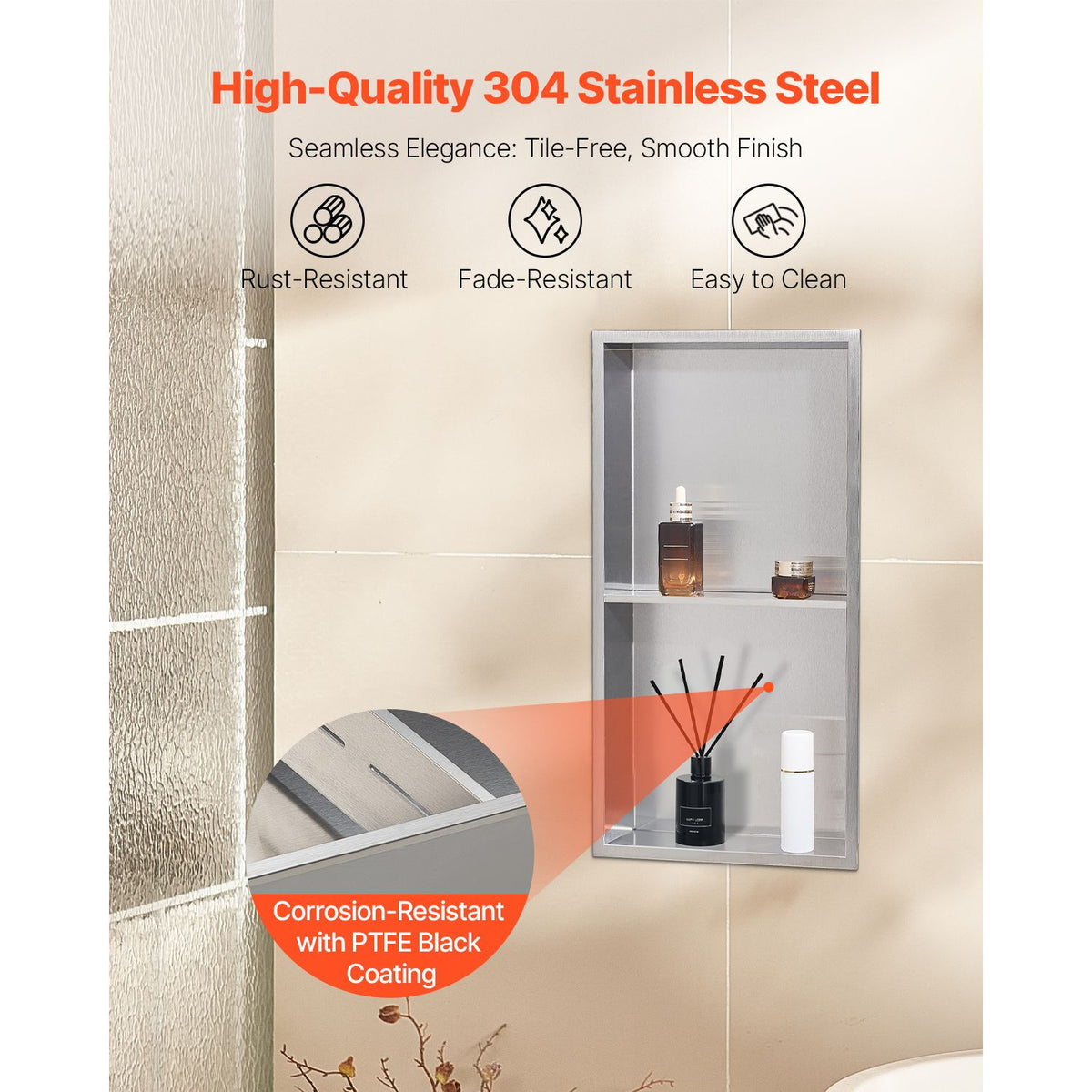 Shower Niche, 33.0 x 63.5 x 10.2 cm Recessed Wall Niche Double-layer, with Hollowed-out Divider, Heavy-duty Stainless Steel Modern Shampoo Storage Organizer, Waterproof, Silver for Bathroom