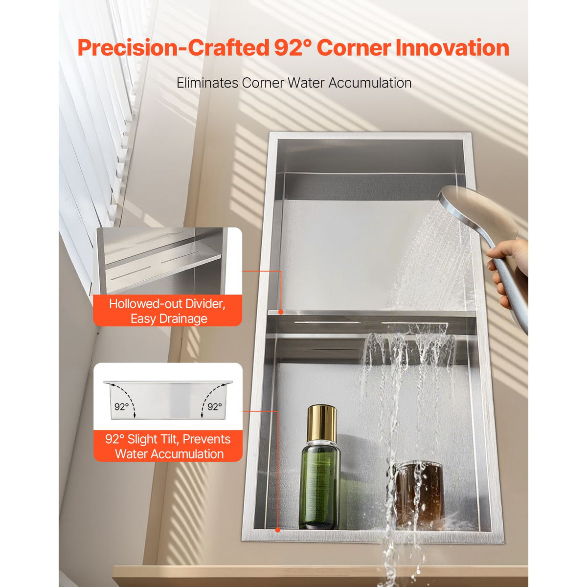 Shower Niche, 33.0 x 63.5 x 10.2 cm Recessed Wall Niche Double-layer, with Hollowed-out Divider, Heavy-duty Stainless Steel Modern Shampoo Storage Organizer, Waterproof, Silver for Bathroom