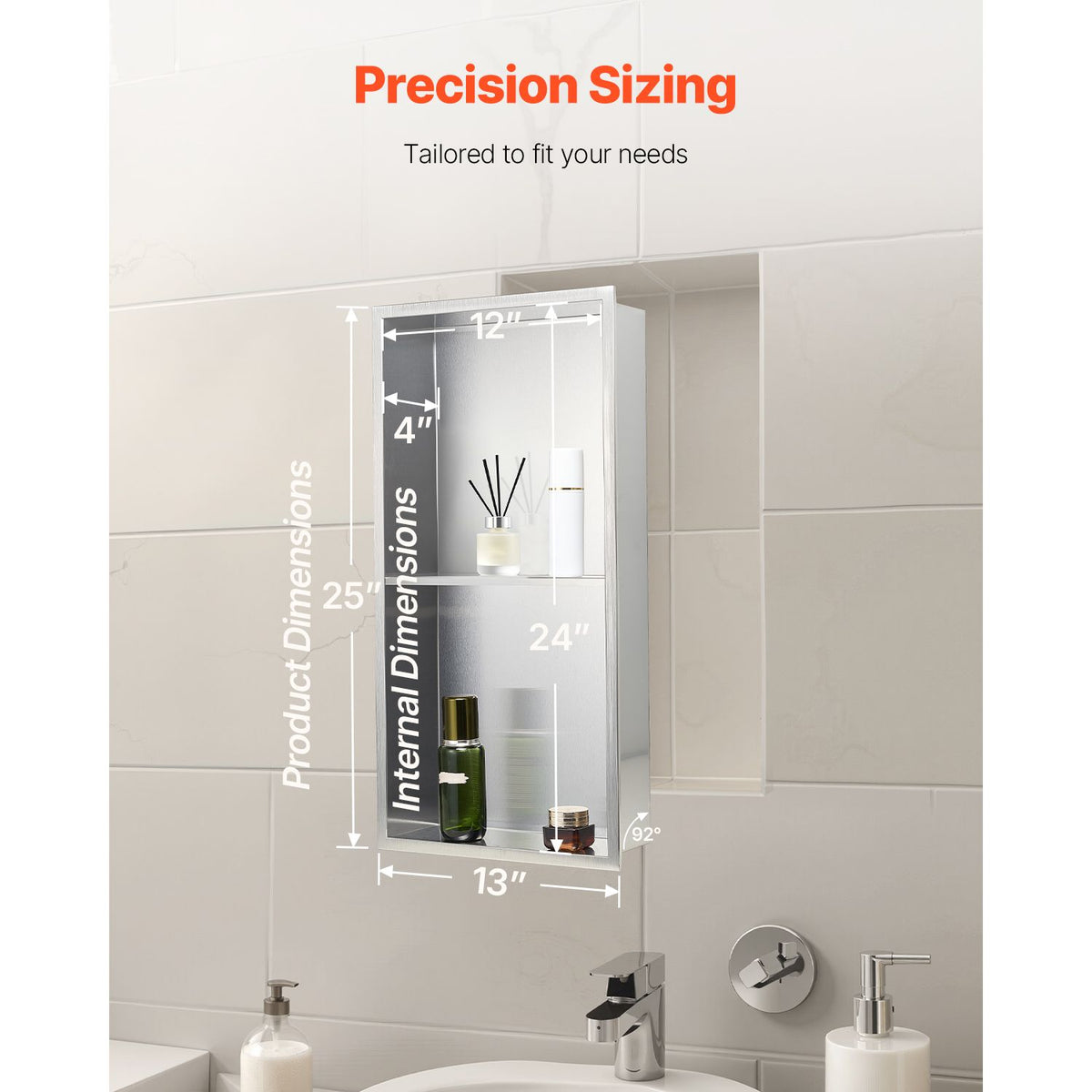 Shower Niche, 33.0 x 63.5 x 10.2 cm Recessed Wall Niche Double-layer, with Hollowed-out Divider, Heavy-duty Stainless Steel Modern Shampoo Storage Organizer, Waterproof, Silver for Bathroom