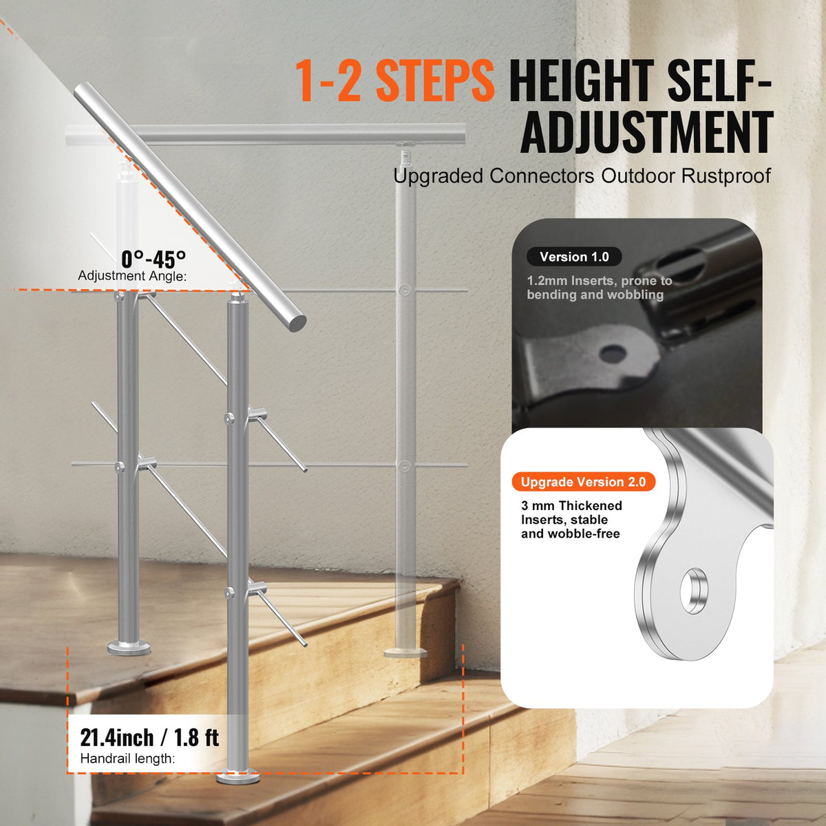 Handrails for Outdoor Steps, 31.5in Length 2 Crossbars Stair Hand Rail Kit, Transitional Stainless Steel Railings w/ Installation Kit, Double-column Staircase Handrails for Seniors,Porch & Deck