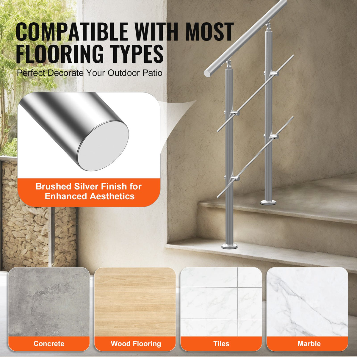 Handrails for Outdoor Steps, 31.5in Length 2 Crossbars Stair Hand Rail Kit, Transitional Stainless Steel Railings w/ Installation Kit, Double-column Staircase Handrails for Seniors,Porch & Deck