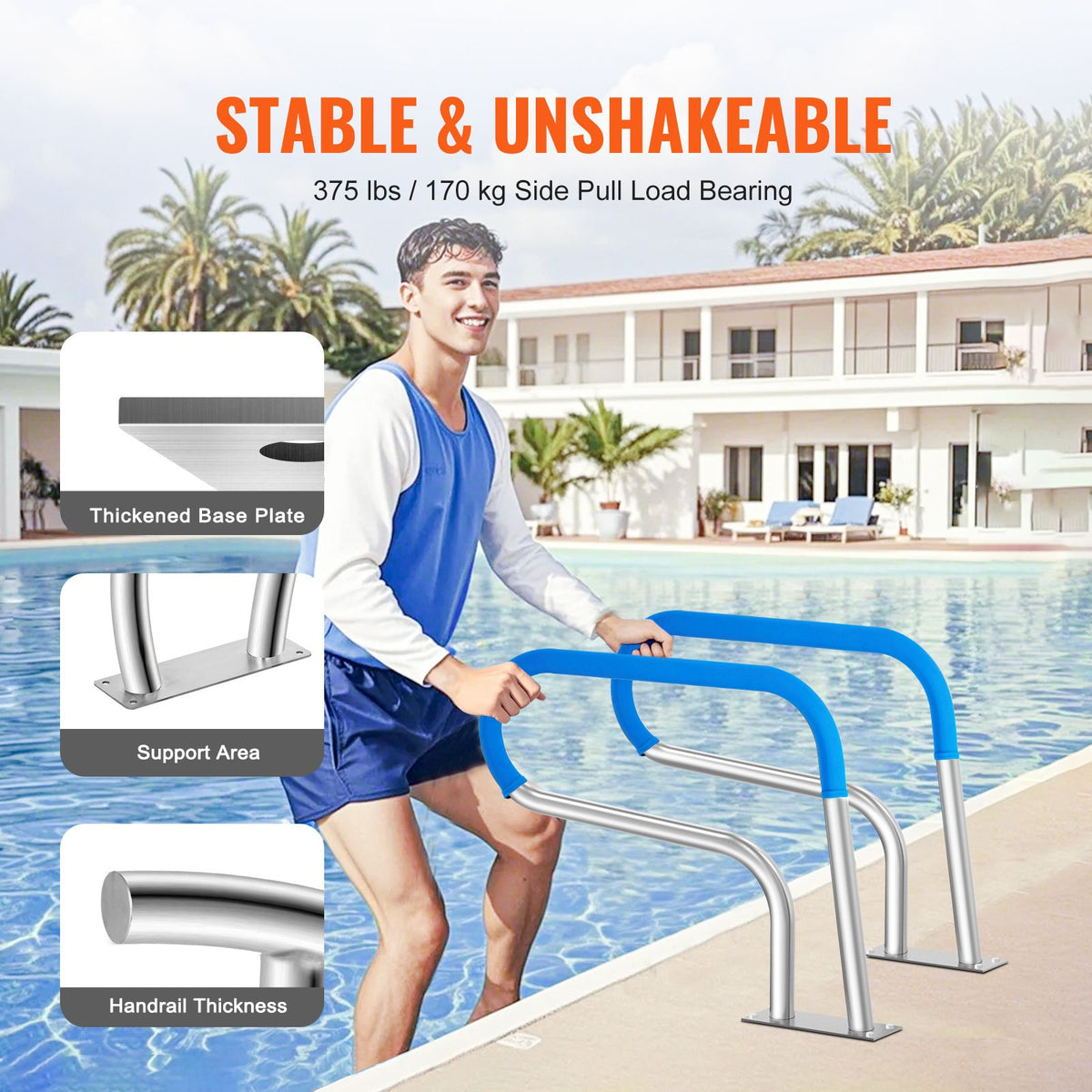 Pool Handrail, 32 x 23 inch Pool Railing, Stainless Steel with Base Plate for Indoor/Outdoor Pools,Swimming Pool Safety Railing for Decks,Rust-Proof Grab Bar w/ Grip Cover&Accessories for Spas