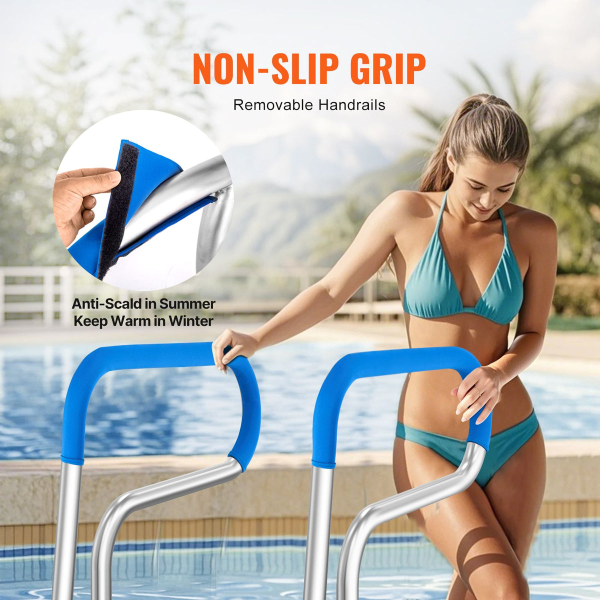 Pool Handrail, 32 x 23 inch Pool Railing, Stainless Steel with Base Plate for Indoor/Outdoor Pools,Swimming Pool Safety Railing for Decks,Rust-Proof Grab Bar w/ Grip Cover&Accessories for Spas