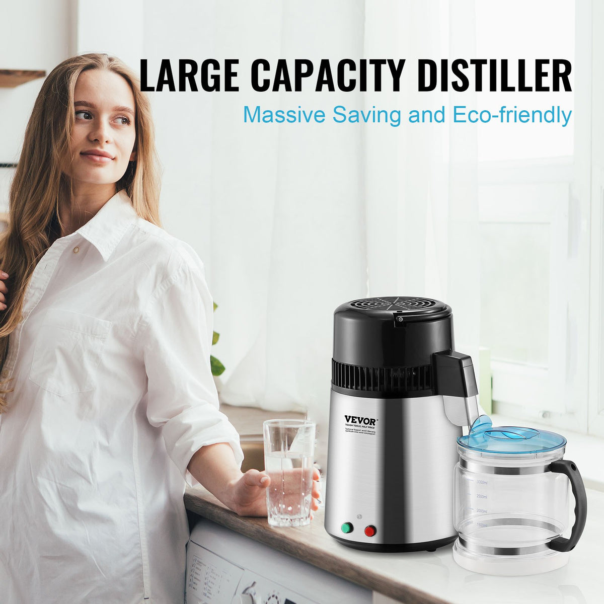 Water Distiller, 4L 1.05 Gallon Pure Water Purifier Filter For Home Countertop, 750W Distilled Water Maker, Stainless Steel Interior Distiller Water Making Machine to Make Clean Water, Silvery