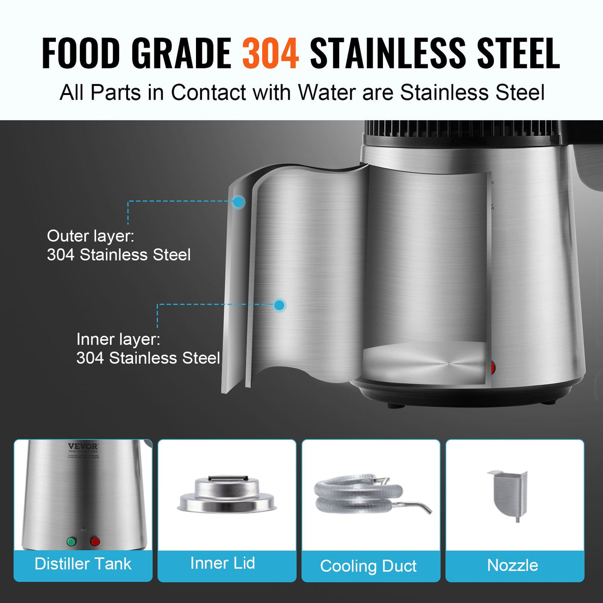 Water Distiller, 4L 1.05 Gallon Pure Water Purifier Filter For Home Countertop, 750W Distilled Water Maker, Stainless Steel Interior Distiller Water Making Machine to Make Clean Water, Silvery