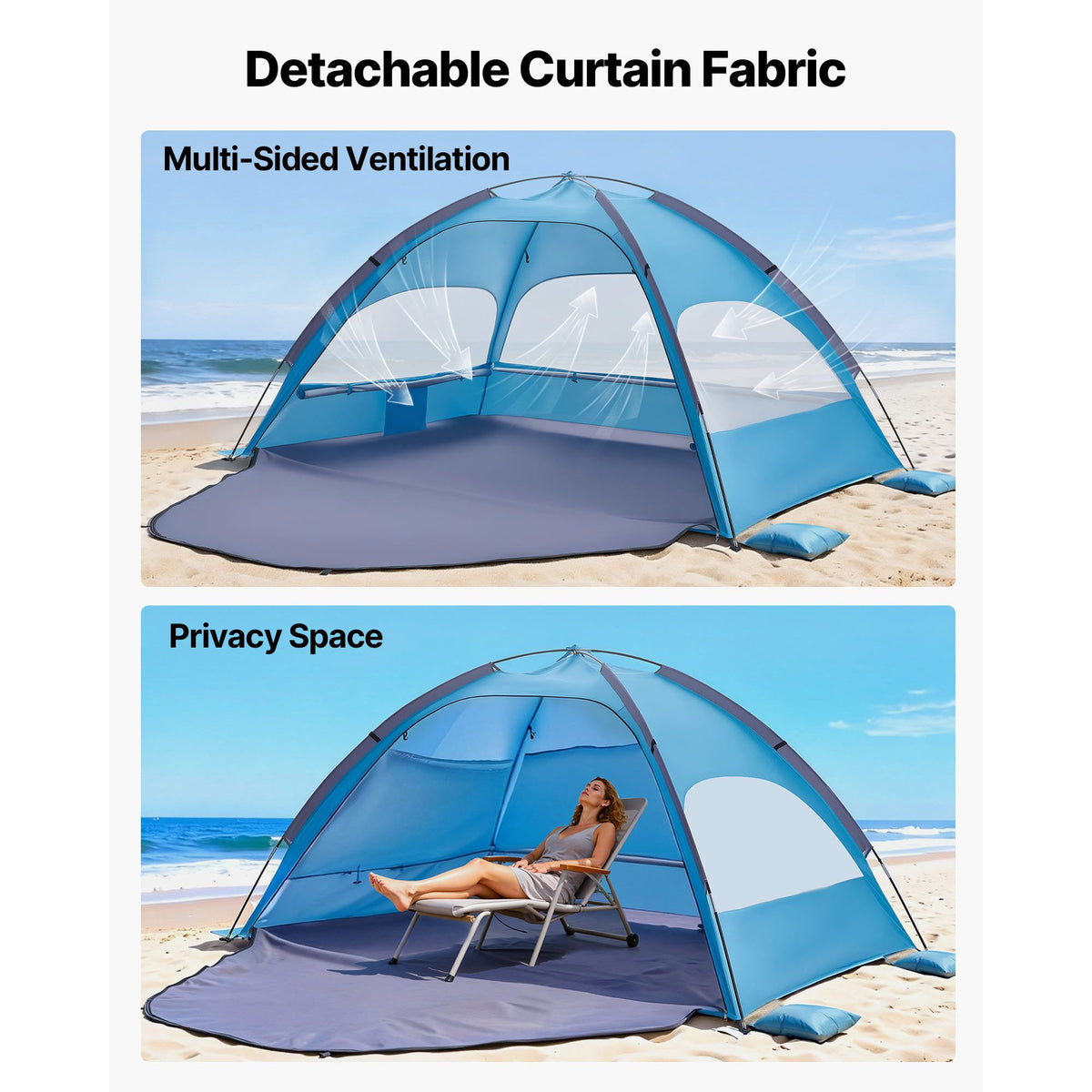 Beach Tent Sun Shelter for 4 Person, UPF 50+ Protection, Portable Sun Shade Canopy with Carrying Bag & Sand Pockets, Lightweight and Easy Setup Beach Umbrella for Camping Fishing Outdoor Picnic