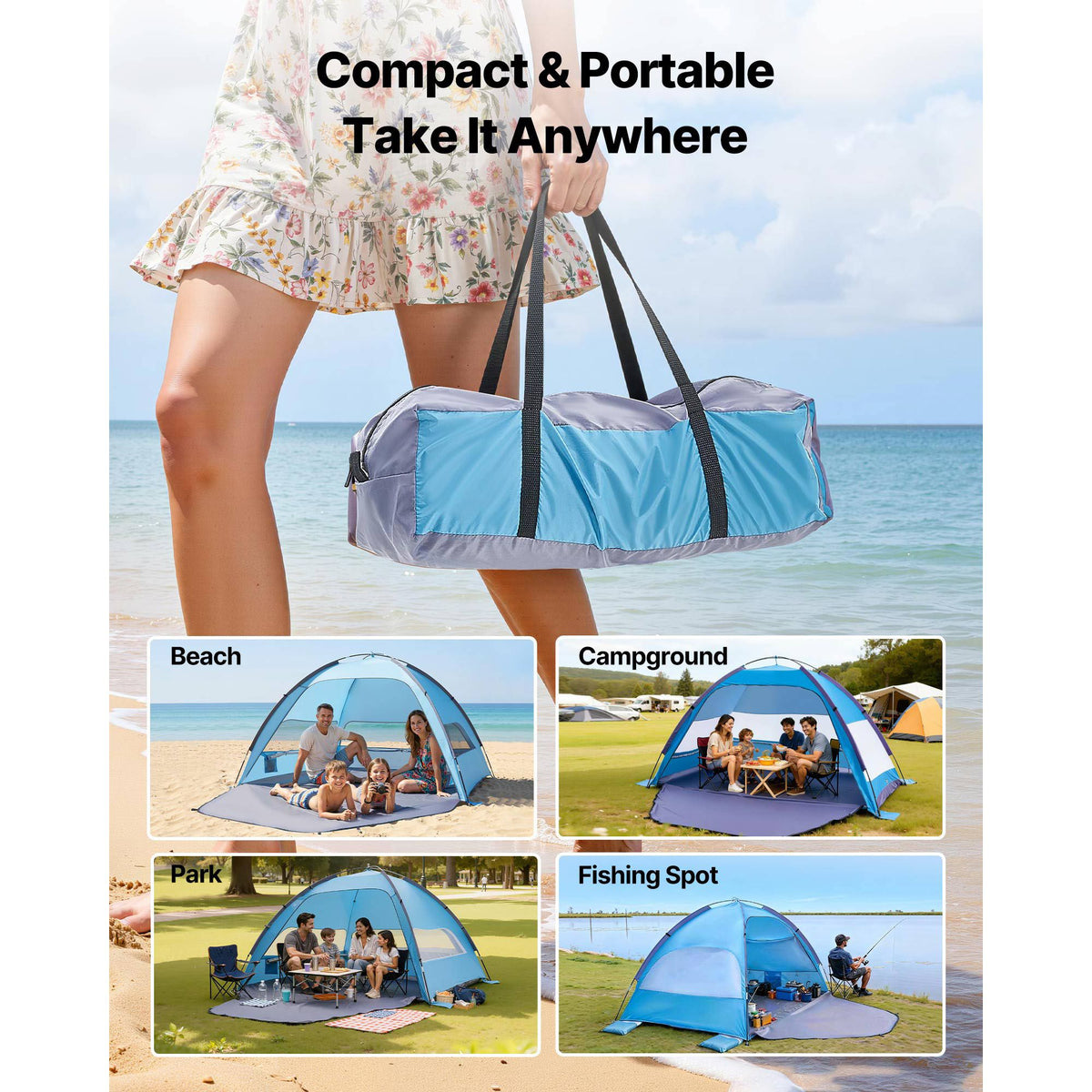 Beach Tent Sun Shelter for 4 Person, UPF 50+ Protection, Portable Sun Shade Canopy with Carrying Bag & Sand Pockets, Lightweight and Easy Setup Beach Umbrella for Camping Fishing Outdoor Picnic