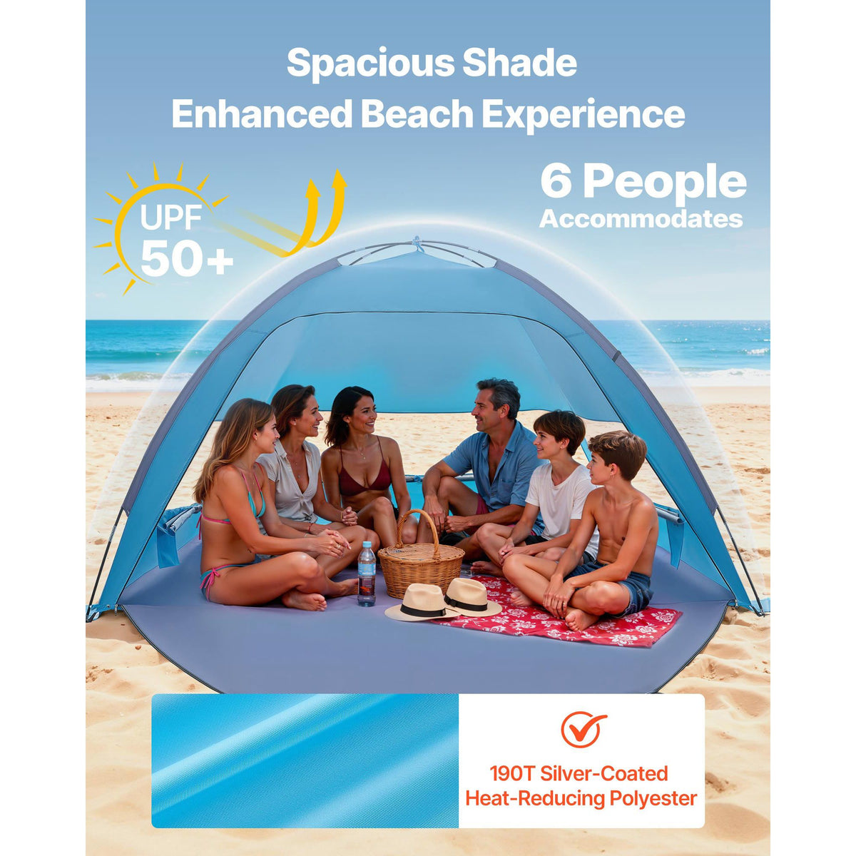 Beach Tent Sun Shelter for 6 Person, UPF 50+ Protection, Portable Sun Shade Canopy with Carrying Bag & Sand Pockets, Lightweight and Easy Setup Beach Umbrella for Camping Fishing Outdoor Picnic