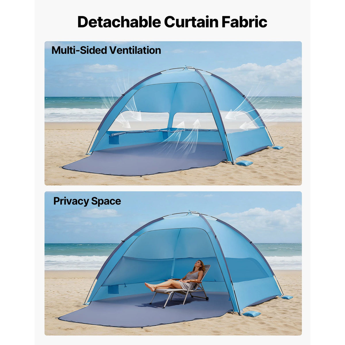 Beach Tent Sun Shelter for 6 Person, UPF 50+ Protection, Portable Sun Shade Canopy with Carrying Bag & Sand Pockets, Lightweight and Easy Setup Beach Umbrella for Camping Fishing Outdoor Picnic