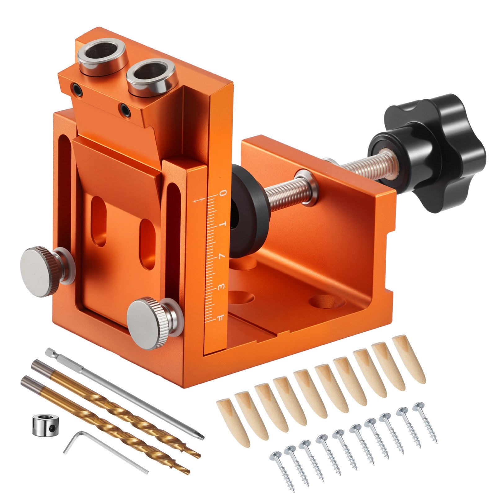 Pocket Hole Jig Kit, 12 mm to 48 mm Adjustable, Jig Pocket Hole System with Step Drill, Hex Wrench, Drill Stop Ring, Square Drive Bit, Plugs and Screws, Reinforced Metal Frame, for Woodworking