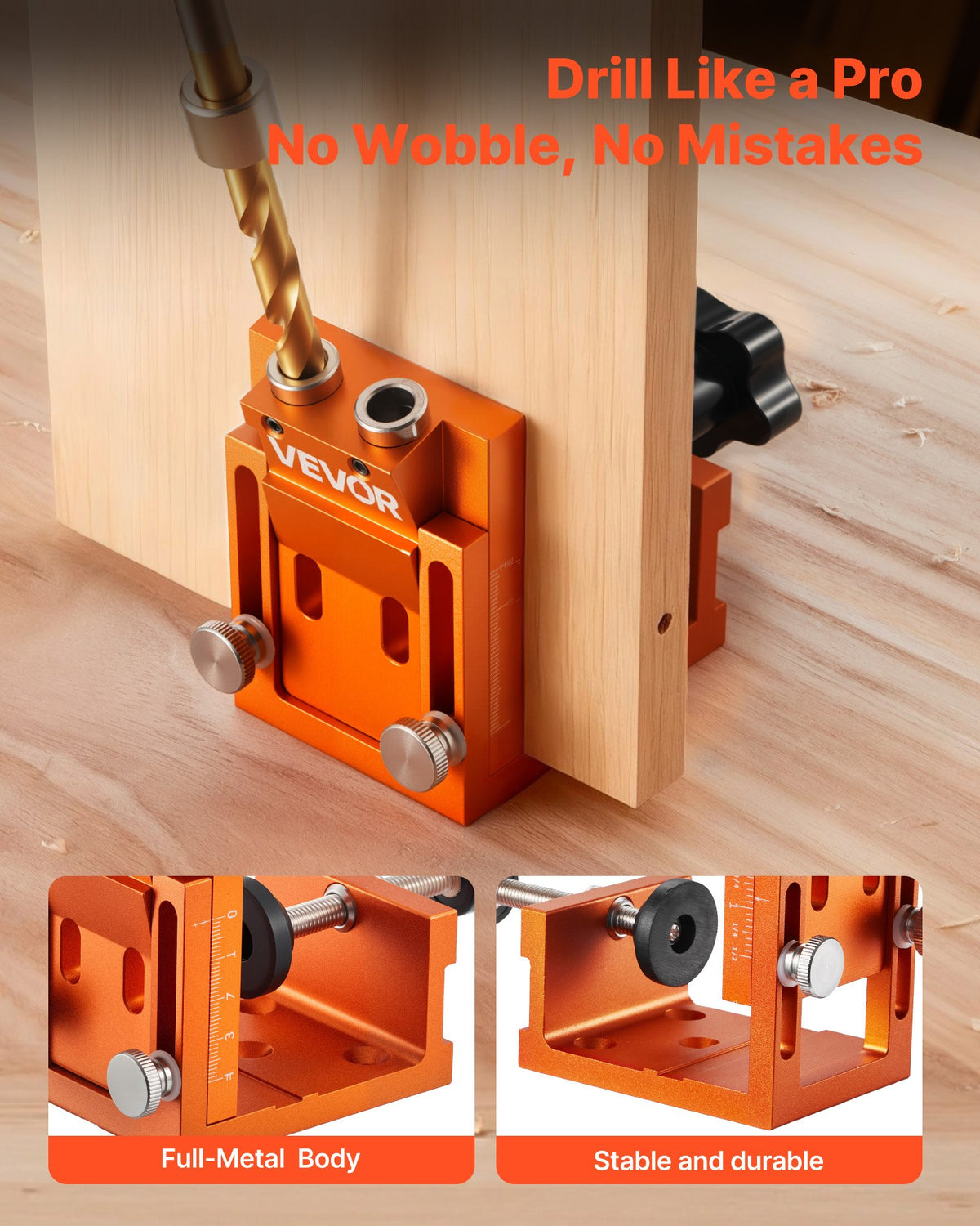 Pocket Hole Jig Kit, 12 mm to 48 mm Adjustable, Jig Pocket Hole System with Step Drill, Hex Wrench, Drill Stop Ring, Square Drive Bit, Plugs and Screws, Reinforced Metal Frame, for Woodworking