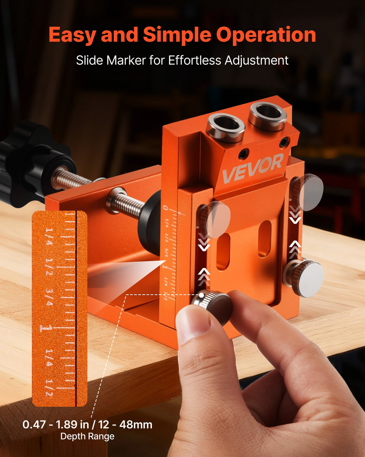 Pocket Hole Jig Kit, 12 mm to 48 mm Adjustable, Jig Pocket Hole System with Step Drill, Hex Wrench, Drill Stop Ring, Square Drive Bit, Plugs and Screws, Reinforced Metal Frame, for Woodworking