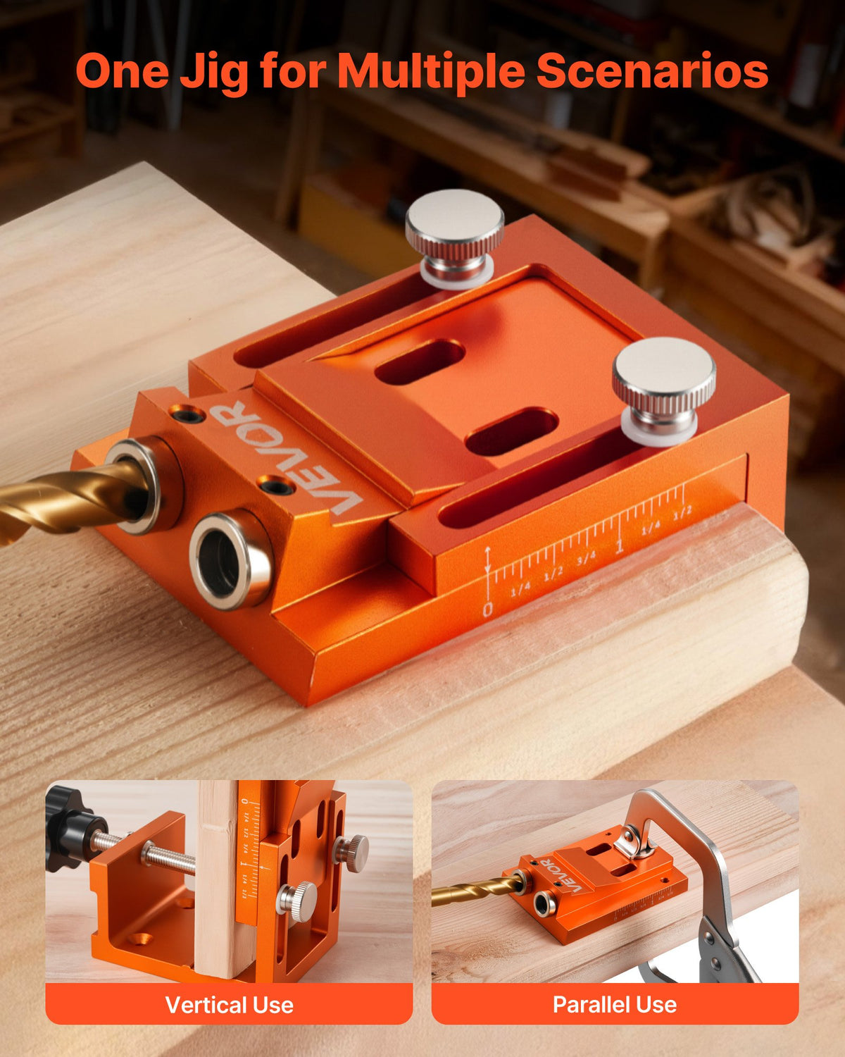 Pocket Hole Jig Kit, 12 mm to 48 mm Adjustable, Jig Pocket Hole System with Step Drill, Hex Wrench, Drill Stop Ring, Square Drive Bit, Plugs and Screws, Reinforced Metal Frame, for Woodworking