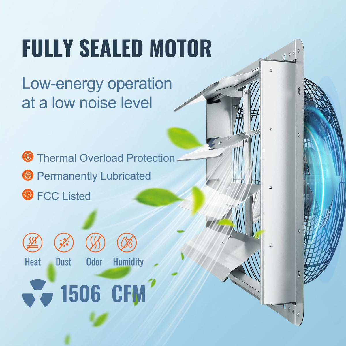 Shutter Exhaust Fan, 406 mm High-speed 1400RPM 1506 CFM, Aluminum Wall Mount Attic Fan with AC-motor, Ventilation and Cooling for Greenhouses, Garages, Sheds, Shops