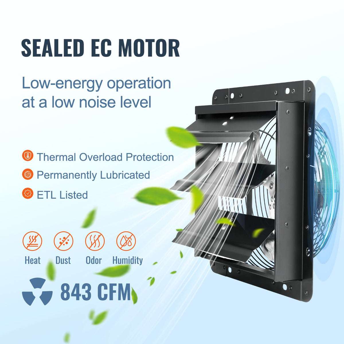 Shutter Exhaust Fan, 254mm / 10inch with Temperature Humidity Controller, EC-motor, 843 CFM, Variable Speed Adjustable Wall Mount Attic Fan, Ventilation and Cooling for Greenhouses, Garages, Sheds