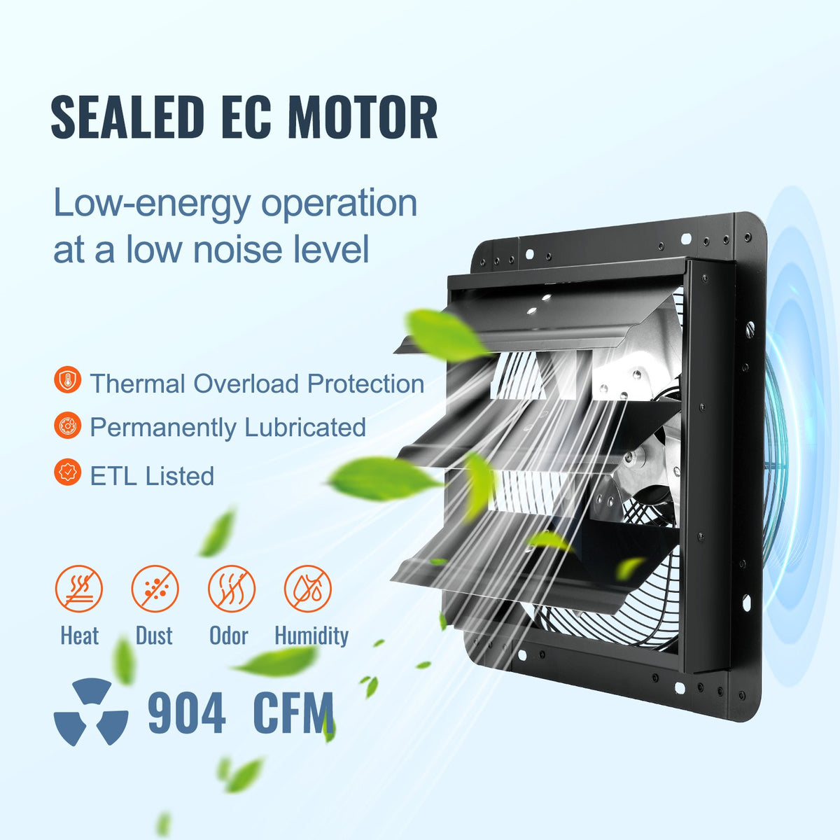 Shutter Exhaust Fan, 305 mm /12 inch with Temperature Humidity Controller, EC-motor, 904 CFM, Variable Speed Adjustable Wall Mount Attic Fan, Ventilation and Cooling for Greenhouses, Garages, Sheds