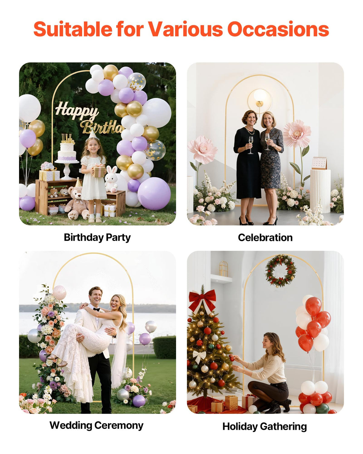 Arch Backdrop Stand, 2.2 x 1.2 m, Stable Structure, Easy Assembly, 1 Set Gold Metal Arch Backdrop Stand for Wedding, Birthday Party, Graduation, Holiday Celebration, and Ceremony Decoration