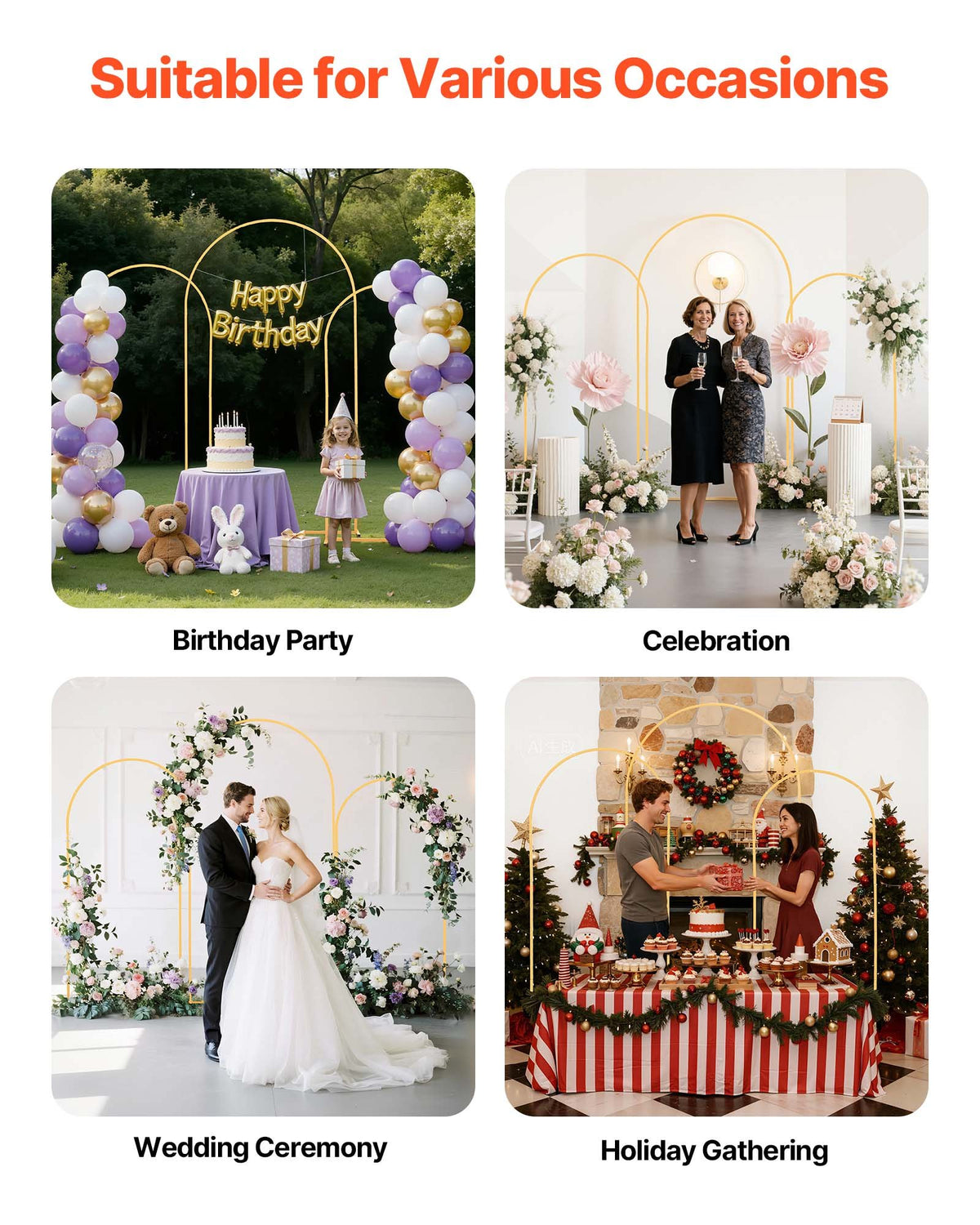 Arch Backdrop Stand, Set of 3, 2.2/2/1.8 m , Stable Structure, Easy Assembly, Gold Metal Arch Backdrop Stand for Wedding, Birthday Party, Graduation, Holiday Celebration, and Ceremony Decoration