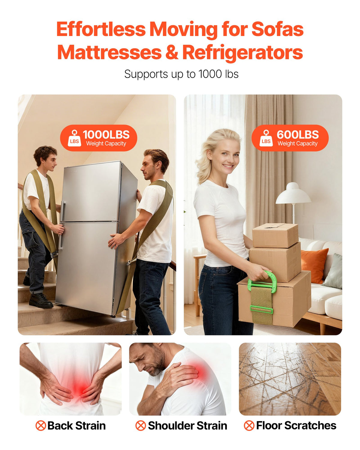 Moving Straps, 2-Person Lifting and Moving System with 2 Harness Straps, 1 Load-bearing Strap & 1 Handheld Strap, Adjustable Lifting Shoulder Straps Move Furniture Appliances Mattresses