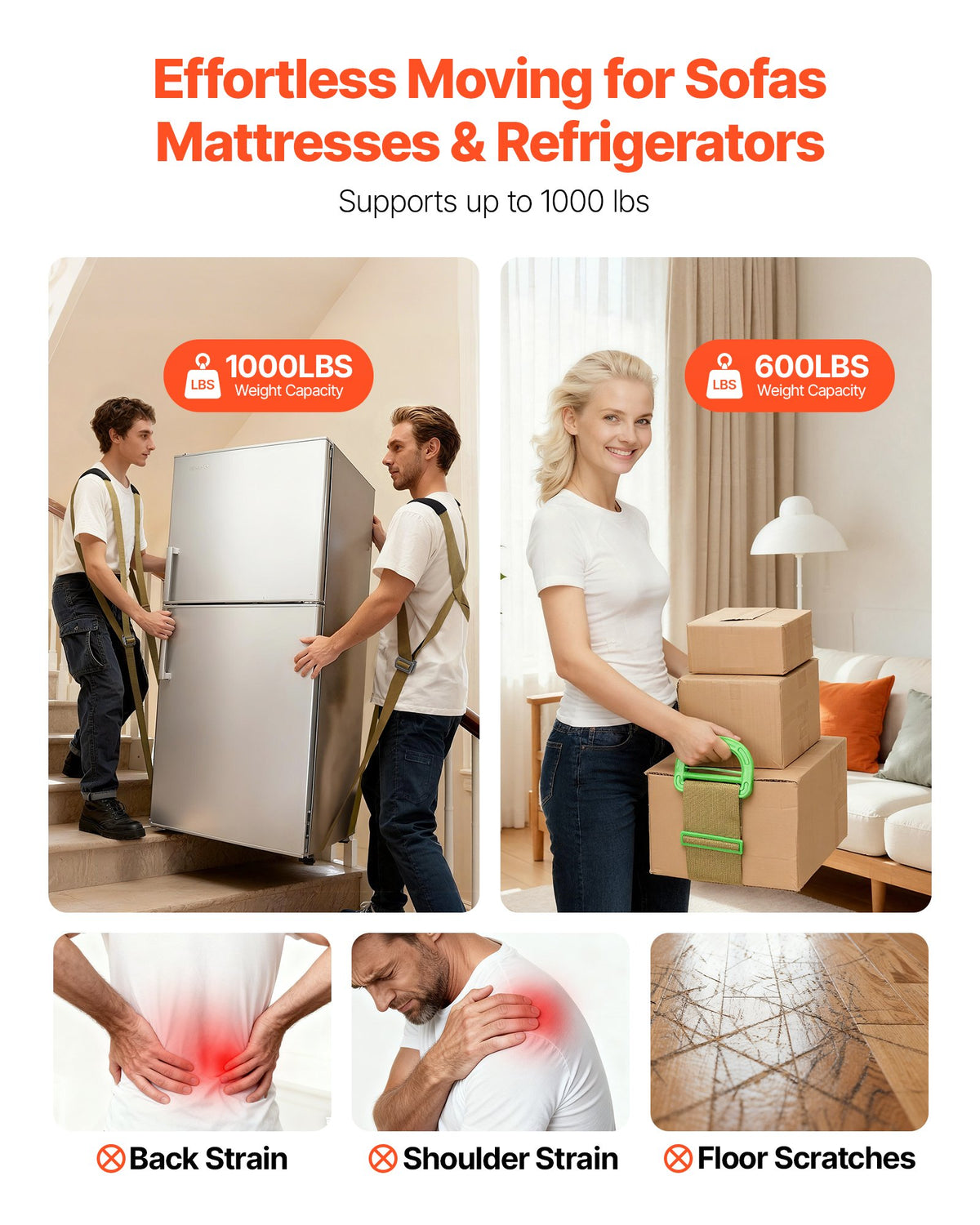 Moving Straps, 2-Person Lifting and Moving System with 2 Harness Straps, 2 Load-bearing Straps & 1 Handheld Strap, Adjustable Lifting Shoulder Straps Move Furniture Appliances Mattresses