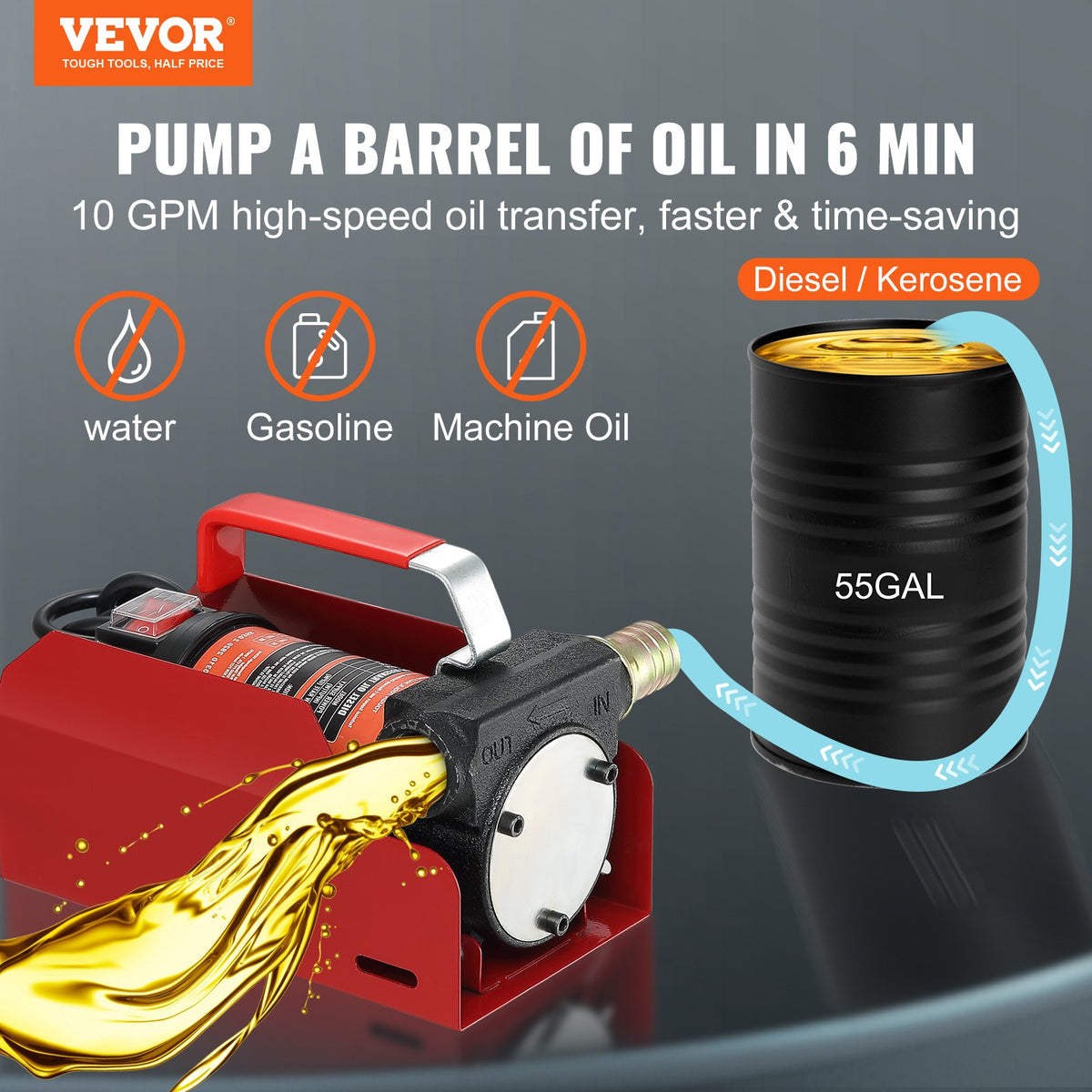 Fuel Transfer Pump, 12V DC, 10 GPM, 8 m Lift, Portable Electric Diesel Transfer Extractor Pump Kit with Automatic Shut-off Nozzle, Delivery & Suction Hose for Diesel, Kerosene, Transformer Oil