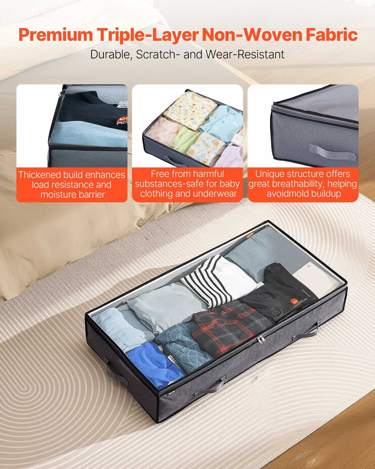 Under Bed Storage with Clear Lids, 996 x 500 x 180 mm, 90L Large Underbed Clothes Storage Containers, Low Profile Under Bed Drawer Shoe Organizer Bins Box for Blanket Shoe Bedroom, 6 Pack