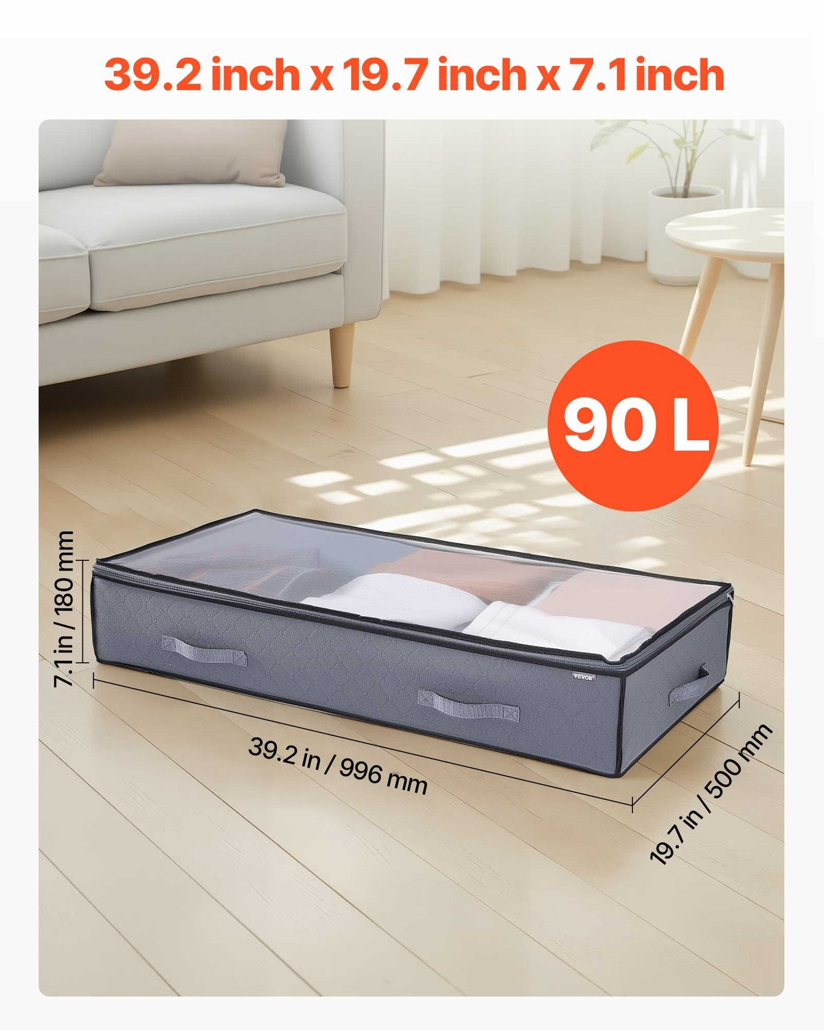 Under Bed Storage with Clear Lids, 996 x 500 x 180 mm, 90L Large Underbed Clothes Storage Containers, Low Profile Under Bed Drawer Shoe Organizer Bins Box for Blanket Shoe Bedroom, 6 Pack