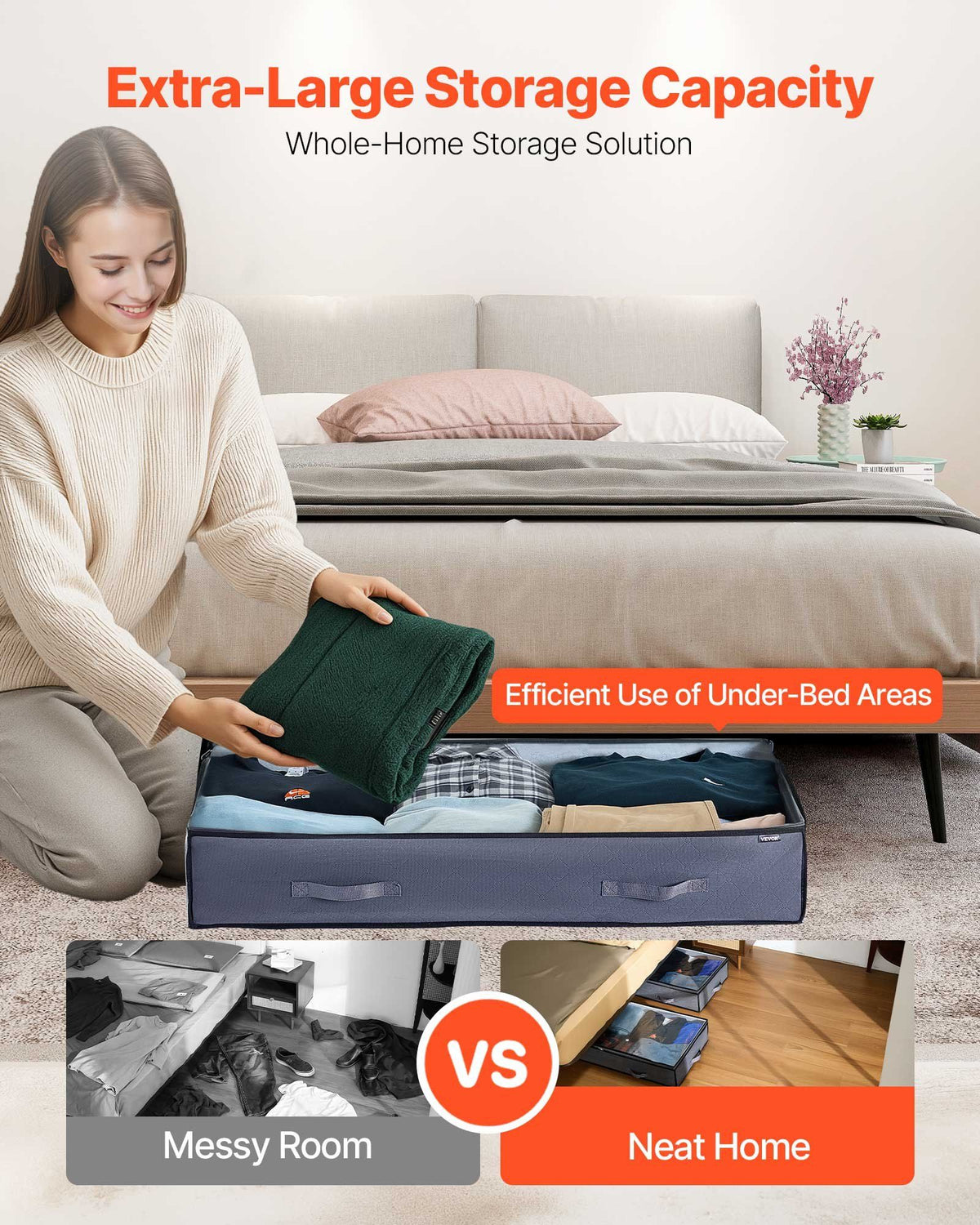 Under Bed Storage with Clear Lids, 996 x 500 x 180 mm, 90L Large Underbed Clothes Storage Containers, Low Profile Under Bed Drawer Shoe Organizer Bins Box for Blanket Shoe Bedroom, 6 Pack