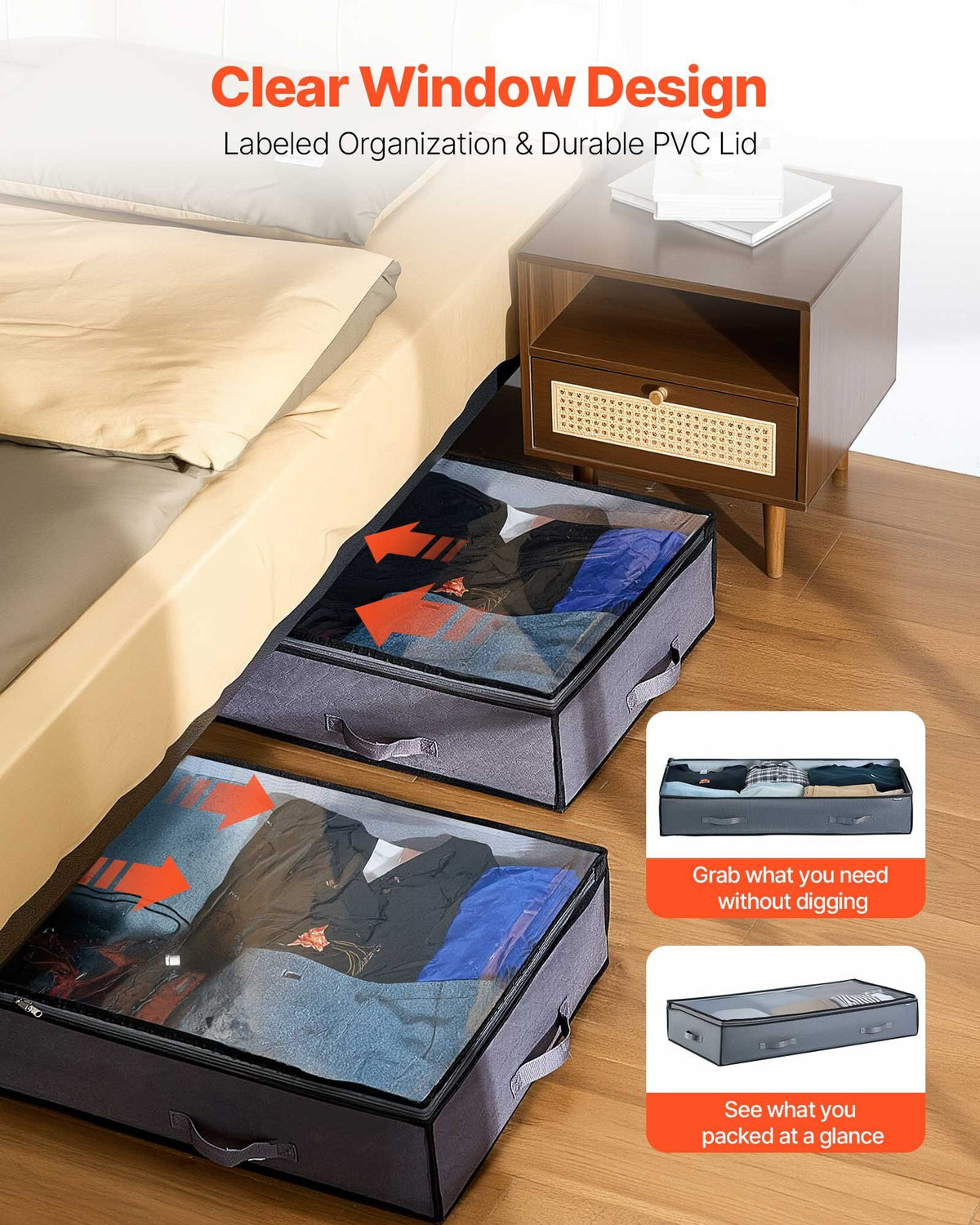 Under Bed Storage with Clear Lids, 996 x 500 x 180 mm, 90L Large Underbed Clothes Storage Containers, Low Profile Under Bed Drawer Shoe Organizer Bins Box for Blanket Shoe Bedroom, 6 Pack
