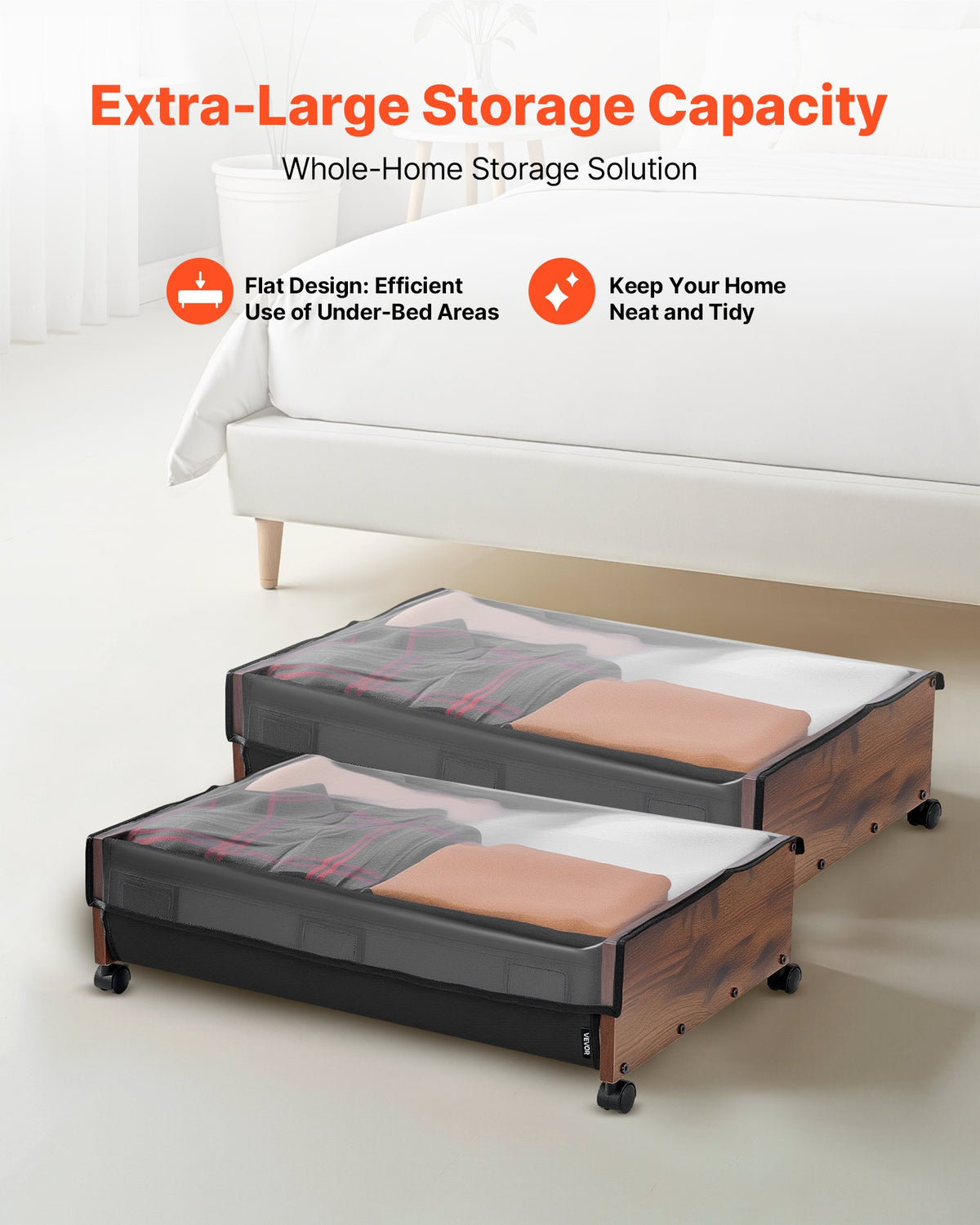 Under Bed Storage with Wheels, 650 x 460 x 180 mm Underbed Containers, Underbed Shoes Organizer with Lockable Wheels, Rolling Under the Bed Storage Bins for Clothes, Shoes, Blankets, 2 Pack