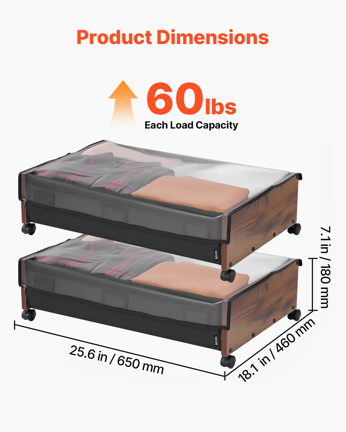Under Bed Storage with Wheels, 650 x 460 x 180 mm Underbed Containers, Underbed Shoes Organizer with Lockable Wheels, Rolling Under the Bed Storage Bins for Clothes, Shoes, Blankets, 2 Pack