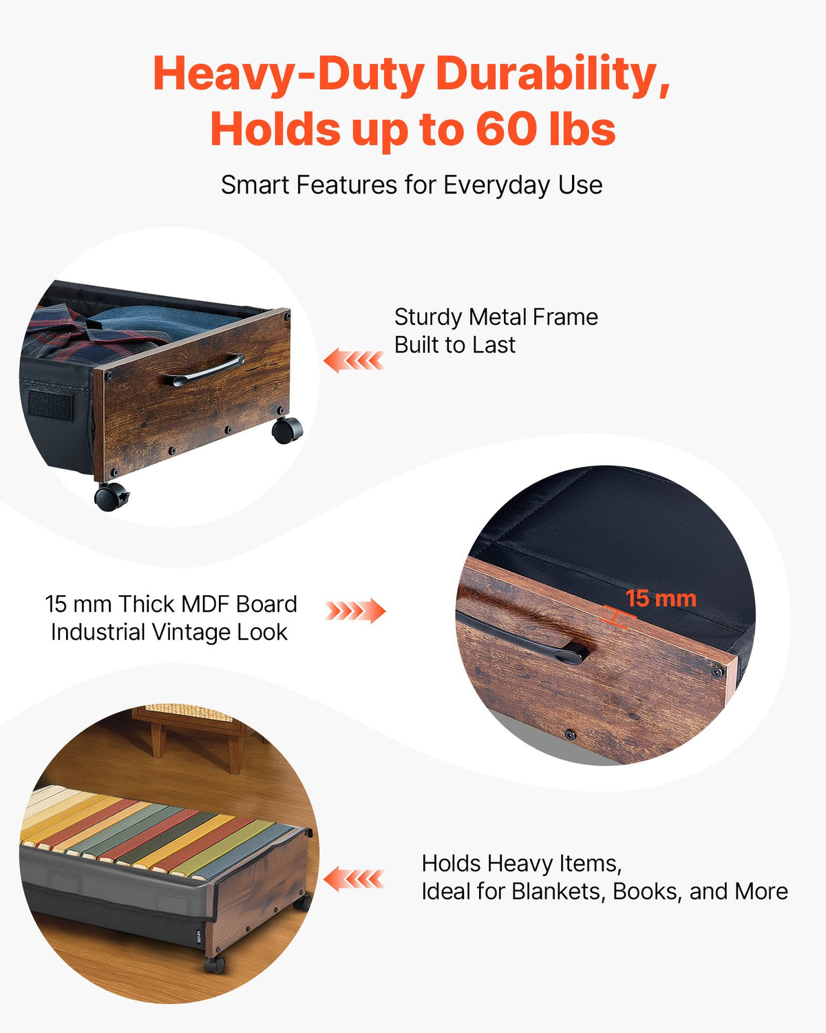 Under Bed Storage with Wheels, 650 x 460 x 180 mm Underbed Containers, Underbed Shoes Organizer with Lockable Wheels, Rolling Under the Bed Storage Bins for Clothes, Shoes, Blankets, 2 Pack