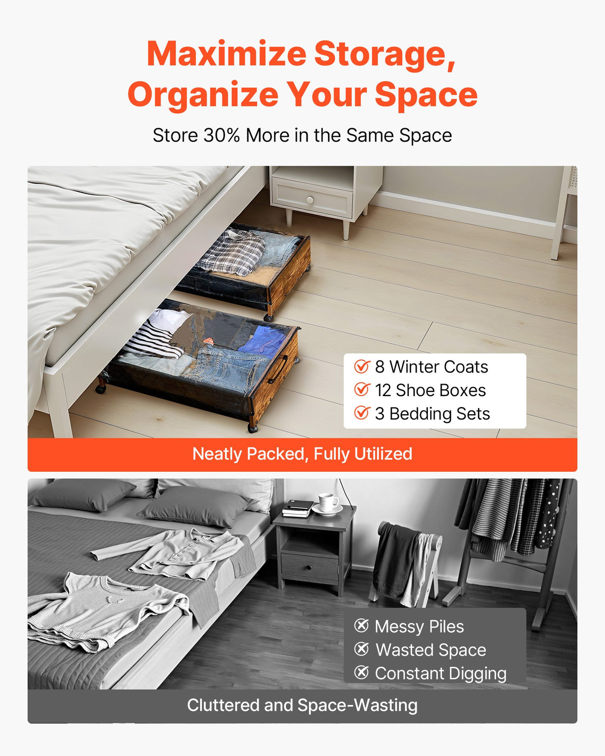 Under Bed Storage with Wheels, 650 x 460 x 180 mm Underbed Containers, Underbed Shoes Organizer with Lockable Wheels, Rolling Under the Bed Storage Bins for Clothes, Shoes, Blankets, 2 Pack