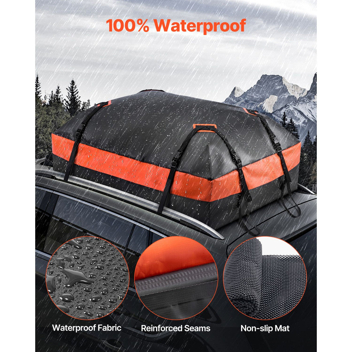 Car Rooftop Cargo Carrier Bag, 15 Cubic Feet Car Roof Cargo Carrier, 100% Waterproof Heavy Duty 840D PVC Roof Luggage Bag for All Vehicle with/without Rack- with Lock, Non-Slip Mat, 4 Door Hooks