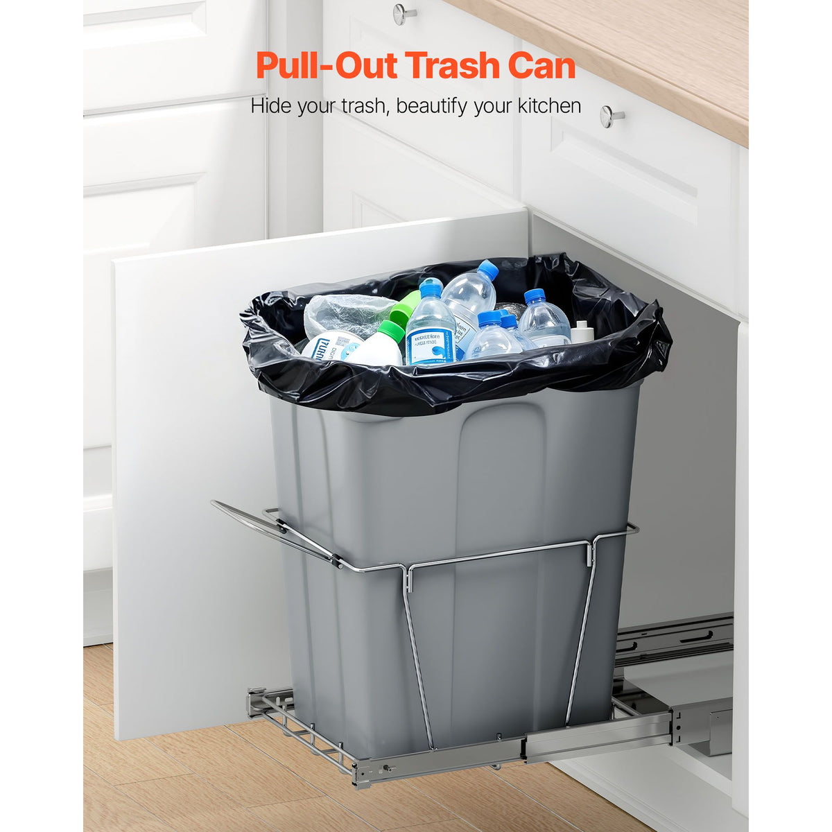 Pullout Trash Can for Kitchen Cabinets, Garbage Waste Recycling Bin, Under Mount Waste Container, with Heavy Duty Metal Full Extension Sliding System and Handle, for Sink, Under Counter