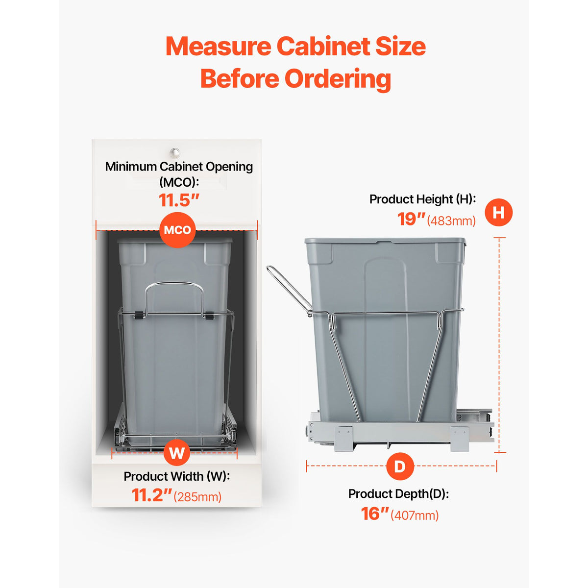 Pullout Trash Can for Kitchen Cabinets, Garbage Waste Recycling Bin, Under Mount Waste Container, with Heavy Duty Metal Full Extension Sliding System and Handle, for Sink, Under Counter