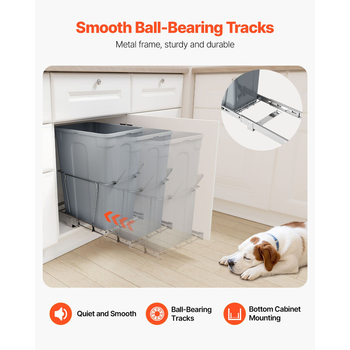 Pullout Trash Can for Kitchen Cabinets, Garbage Waste Recycling Bin, Under Mount Waste Container, with Heavy Duty Metal Full Extension Sliding System and Handle, for Sink, Under Counter
