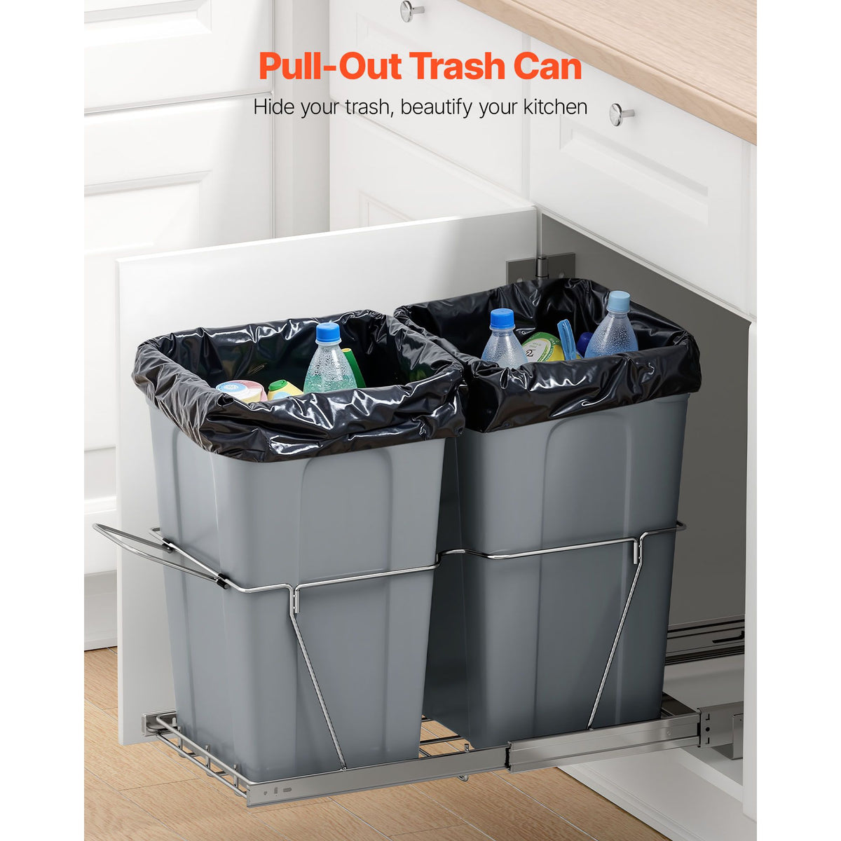 Pullout Trash Can for Kitchen Cabinets,Double Under Sink Garbage Waste Recycling Bin, Under Mount Waste Container, with Heavy Duty Metal Full Extension Sliding System and Handle