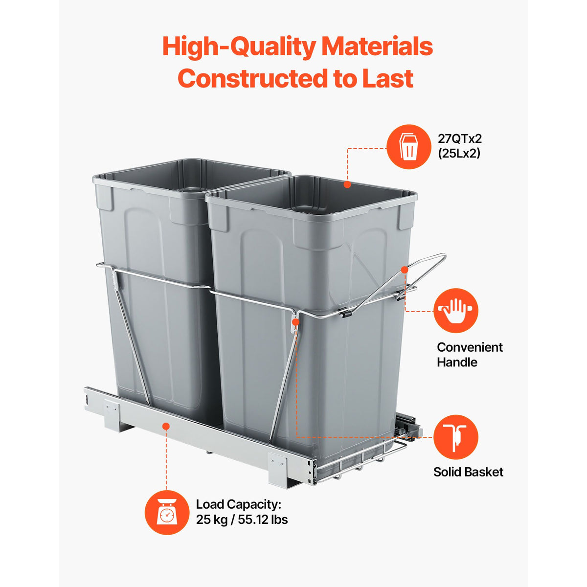 Pullout Trash Can for Kitchen Cabinets,Double Under Sink Garbage Waste Recycling Bin, Under Mount Waste Container, with Heavy Duty Metal Full Extension Sliding System and Handle