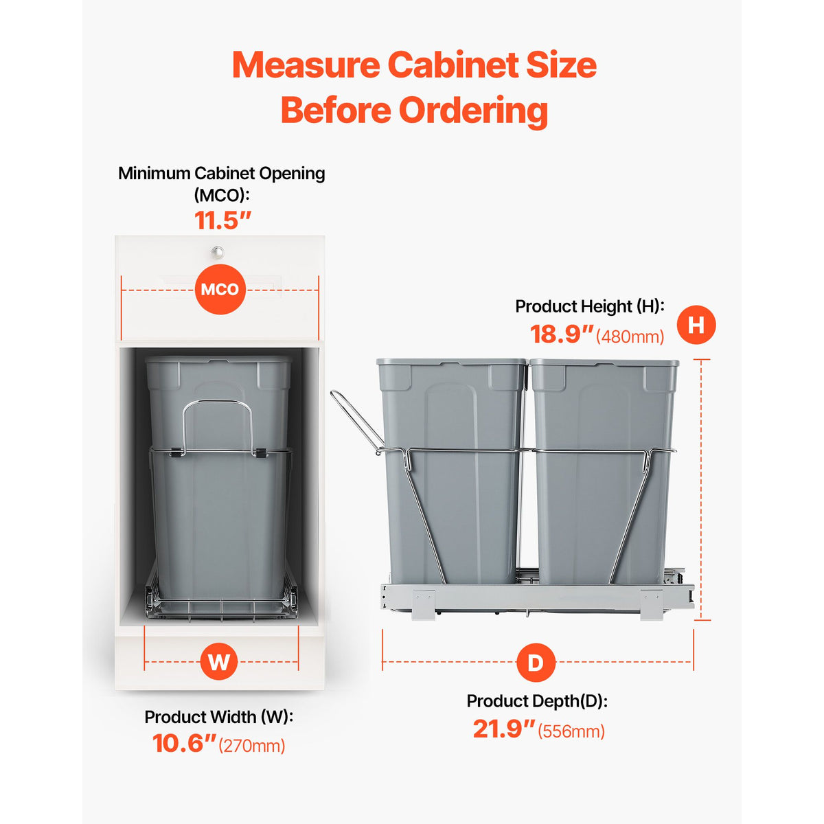 Pullout Trash Can for Kitchen Cabinets,Double Under Sink Garbage Waste Recycling Bin, Under Mount Waste Container, with Heavy Duty Metal Full Extension Sliding System and Handle
