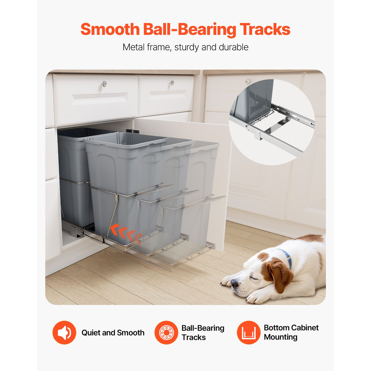Pullout Trash Can for Kitchen Cabinets,Double Under Sink Garbage Waste Recycling Bin, Under Mount Waste Container, with Heavy Duty Metal Full Extension Sliding System and Handle