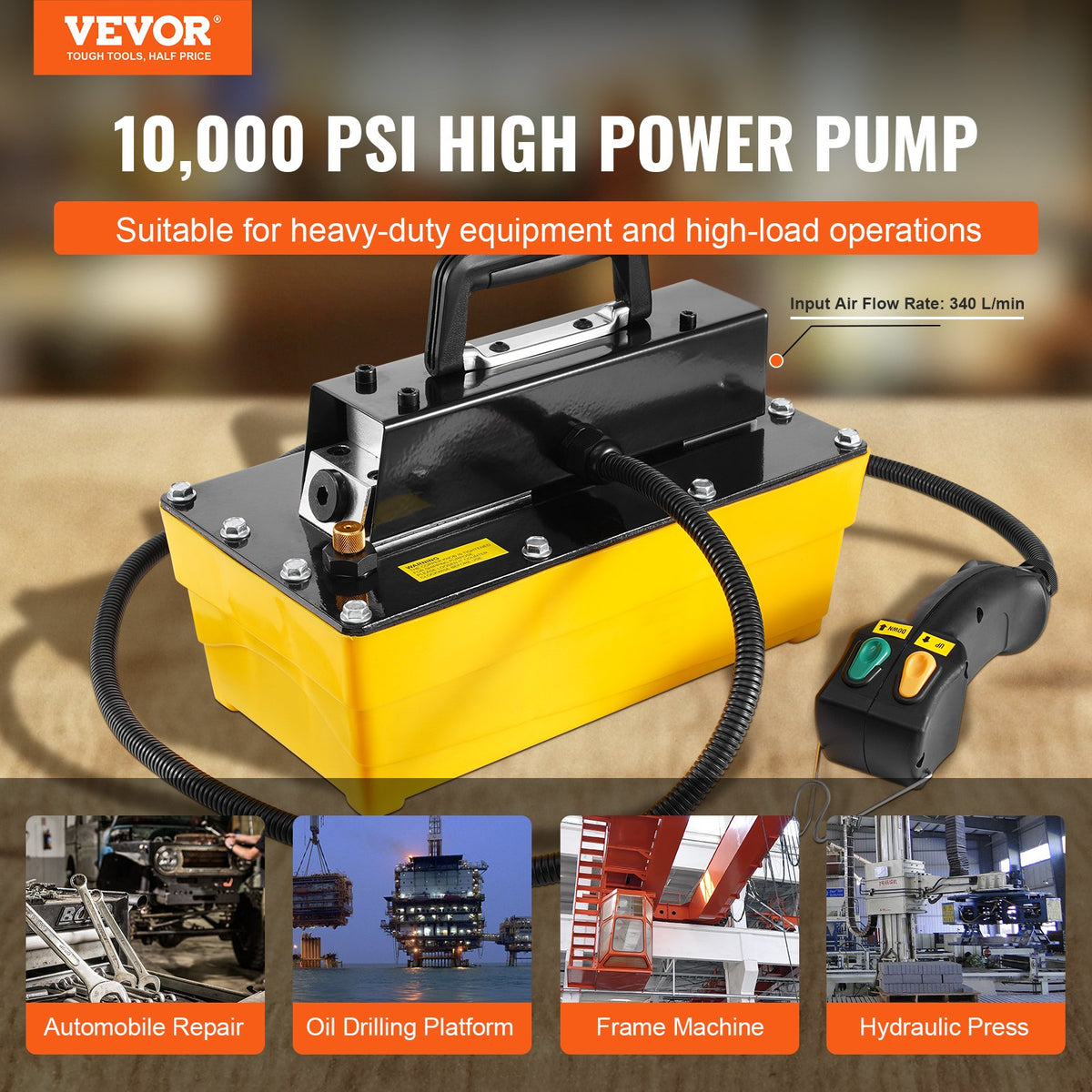 10,000PSI Air Hydraulic Pump, 2.3 L Reservoir, NPT 3/8 In Oil Outlet, NPT 1/4 In Inlet, Air Actuated Foot Pump with Remote Control Actuator, for Automobile Frame Machine & Hydraulic Press