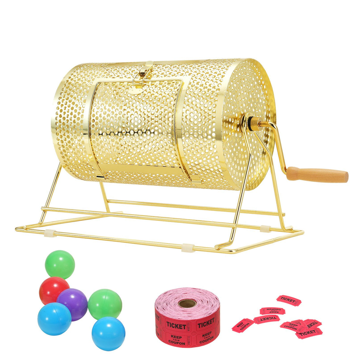 Raffle Drum, 11.6 x Ø7.48 inch Brass Plated Raffle Ticket Spinning Cage, Holds 2500 Tickets or 100 Ping Pong Balls, Metal Lottery Spinning Drawing with Wooden Turning Handle, for Bingo Ballot Pa