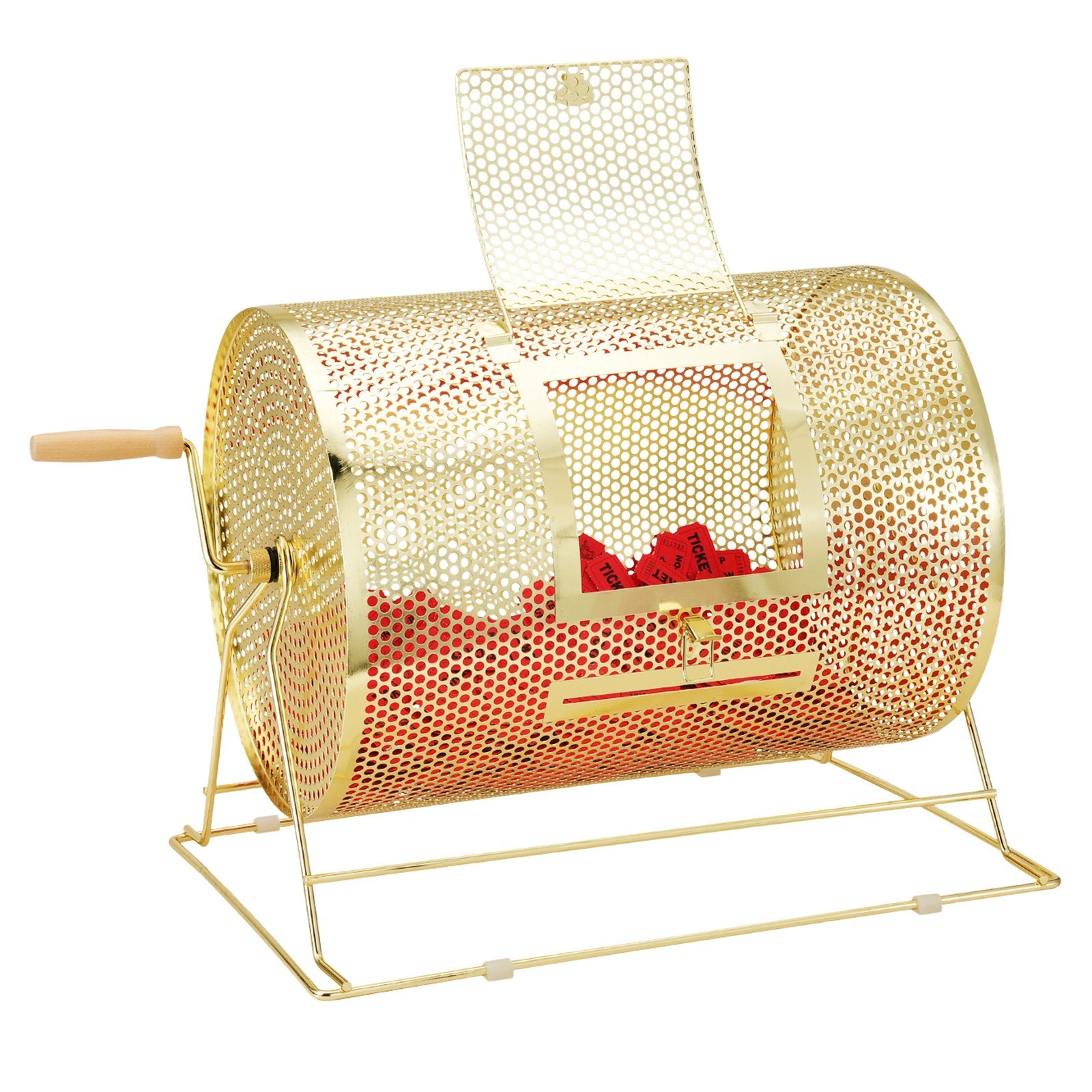 Raffle Drum, 16.1 x Ø12 inch Brass Plated Raffle Ticket Spinning Cage, Holds 5000 Tickets or 200 Ping Pong Balls, Metal Lottery Spinning Drawing with Wooden Turning Handle, for Bingo Ballot Part