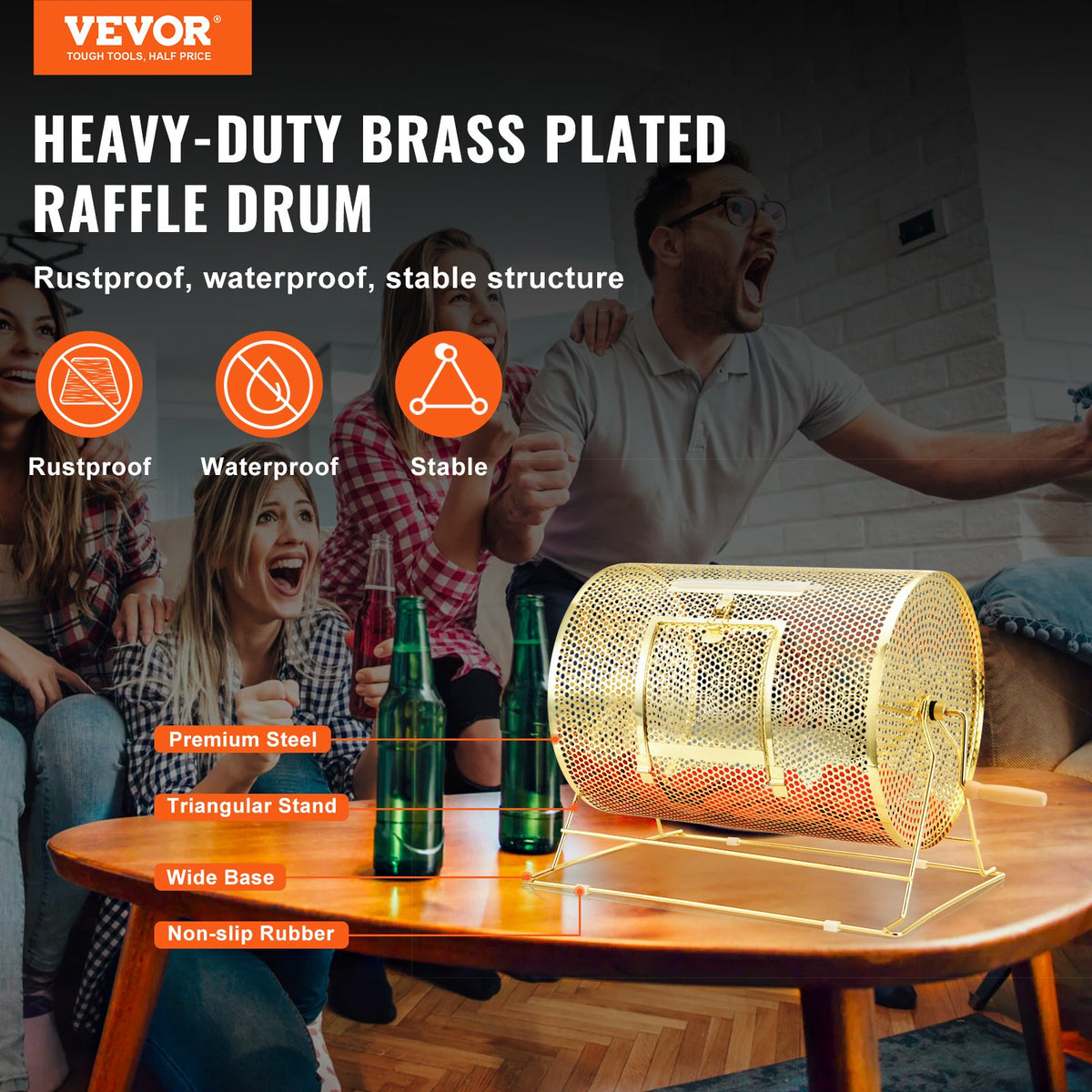 Raffle Drum, 16.1 x Ø12 inch Brass Plated Raffle Ticket Spinning Cage, Holds 5000 Tickets or 200 Ping Pong Balls, Metal Lottery Spinning Drawing with Wooden Turning Handle, for Bingo Ballot Part
