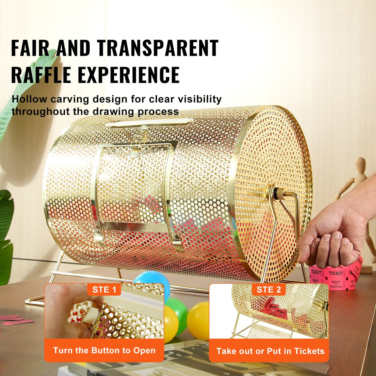 Raffle Drum, 16.1 x Ø12 inch Brass Plated Raffle Ticket Spinning Cage, Holds 5000 Tickets or 200 Ping Pong Balls, Metal Lottery Spinning Drawing with Wooden Turning Handle, for Bingo Ballot Part