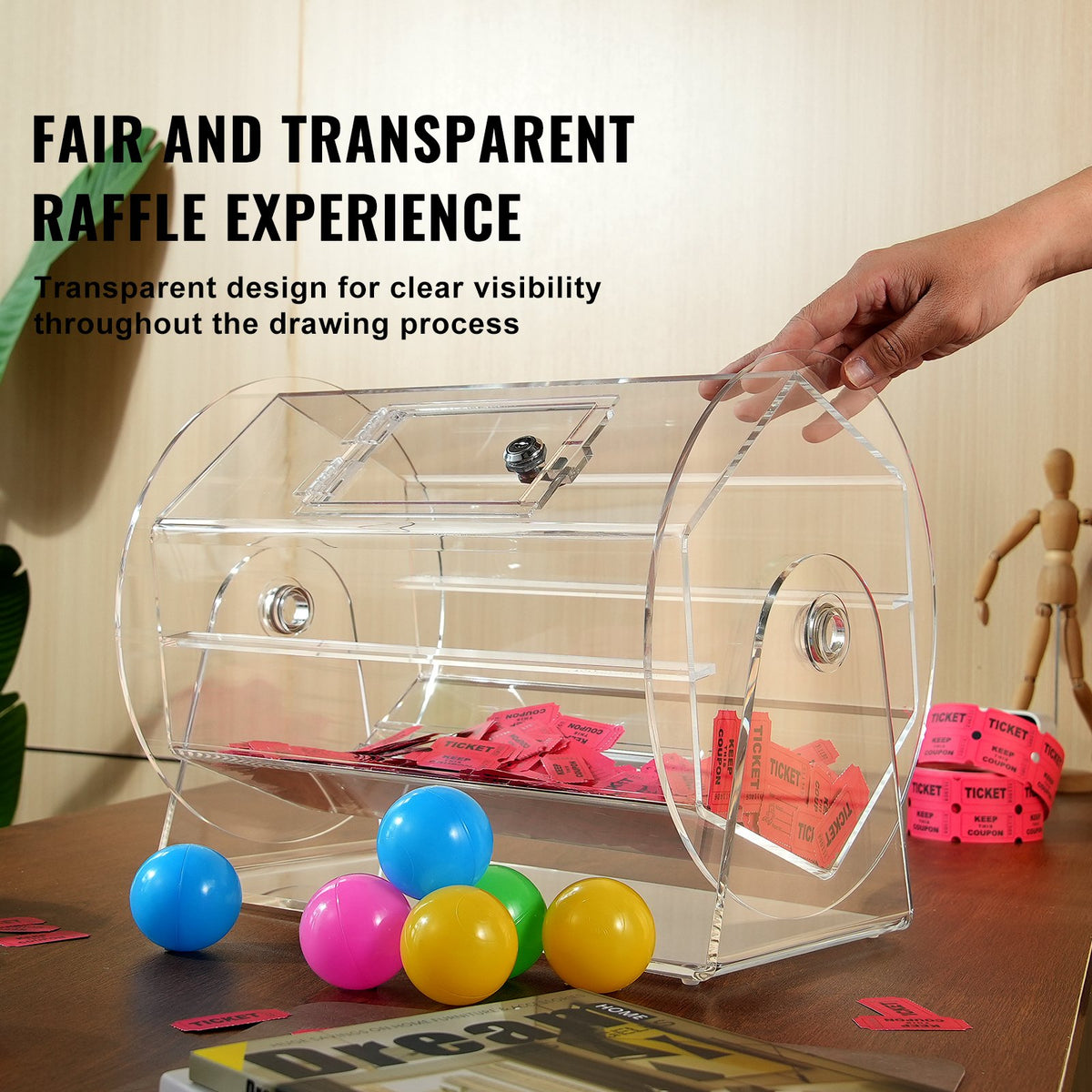Acrylic Raffle Drum, Holds 5000 Tickets or 200 Raffle Balls, Professional Raffle Ticket Spinning Cage with 2 Keys, Transparent Lottery Spinning Drawing, Raffle Ticket Box for Lottery Games Bingo