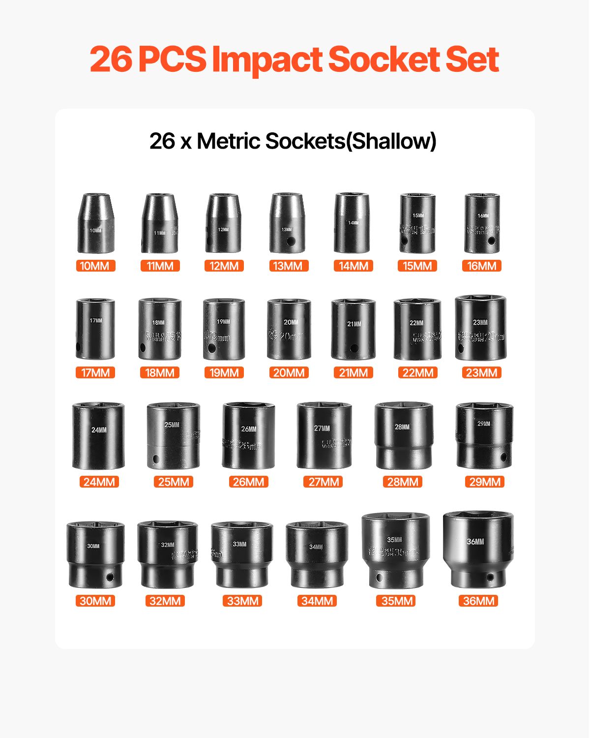 Impact Sockets Set 1/2 Inch Drive 26PCS Standard Length Impact Set 6-Point